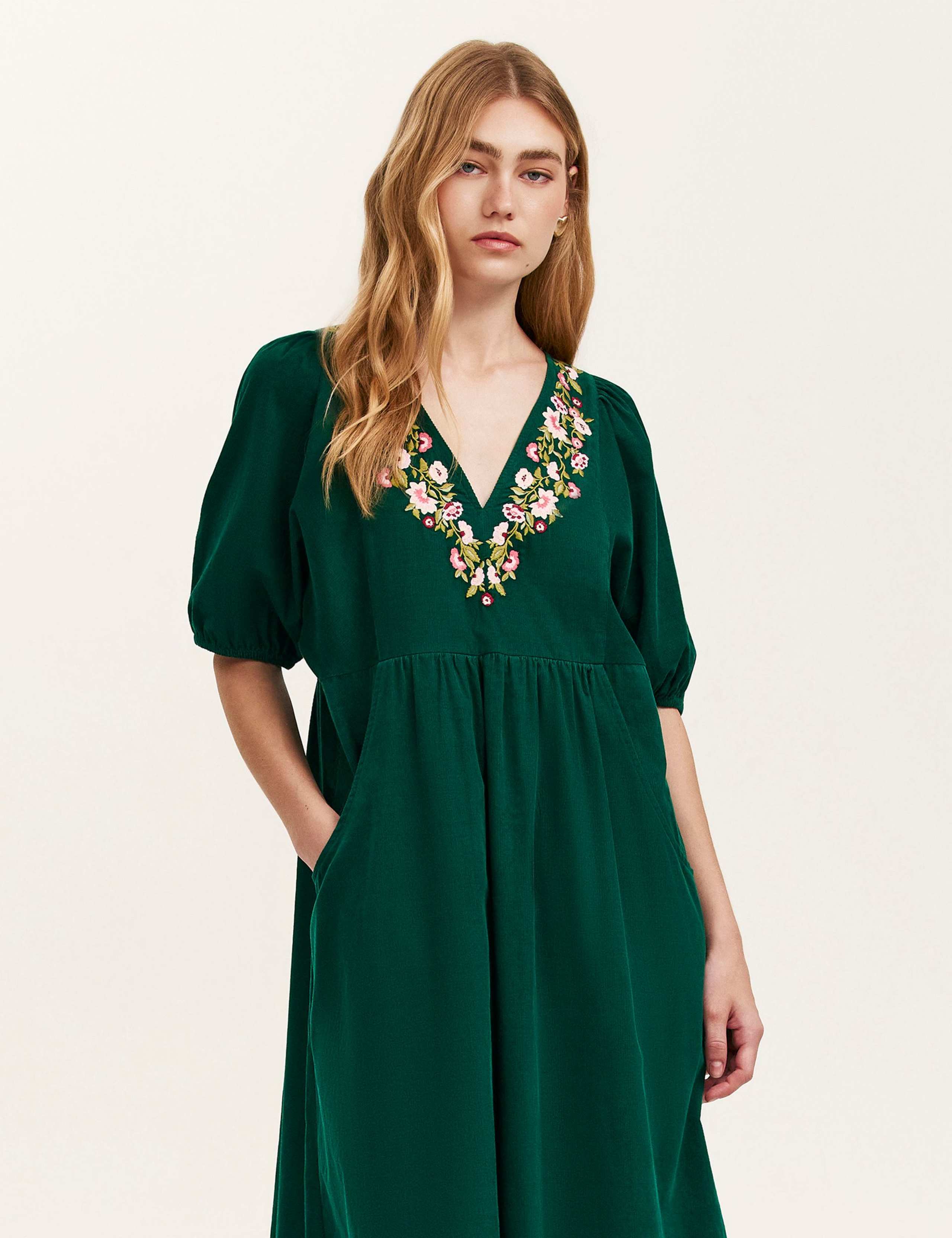 Cord Embroidered V-Neck Midi Smock Dress 2 of 4
