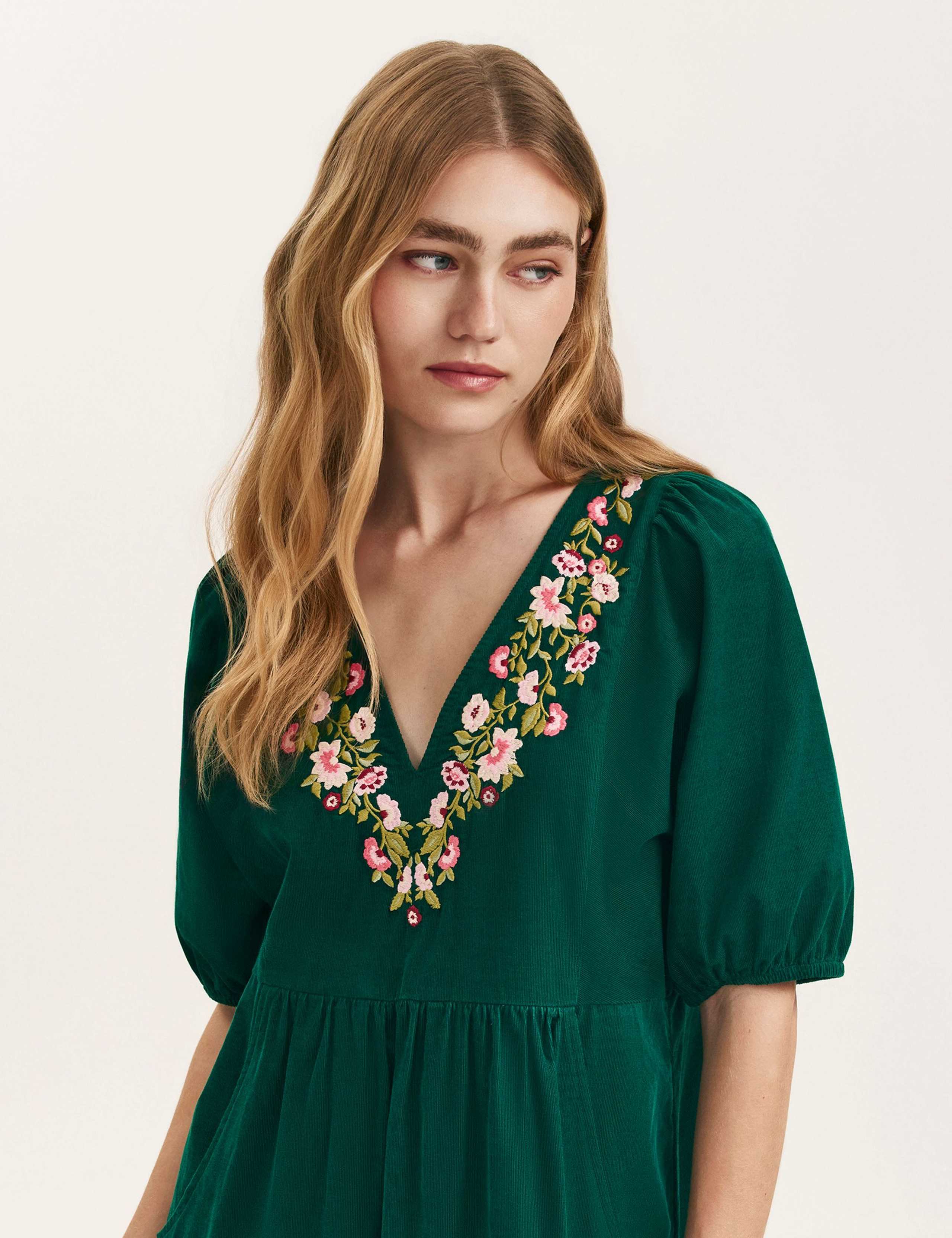 Cord Embroidered V-Neck Midi Smock Dress 4 of 4