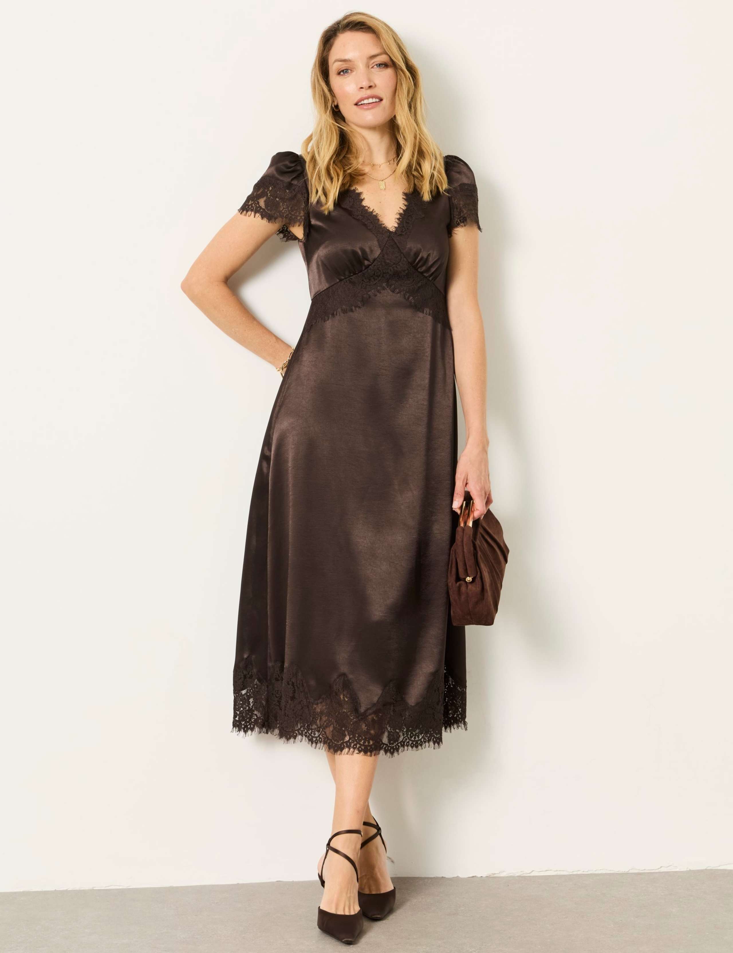Lace Insert V-Neck Midi Tea Dress 1 of 8
