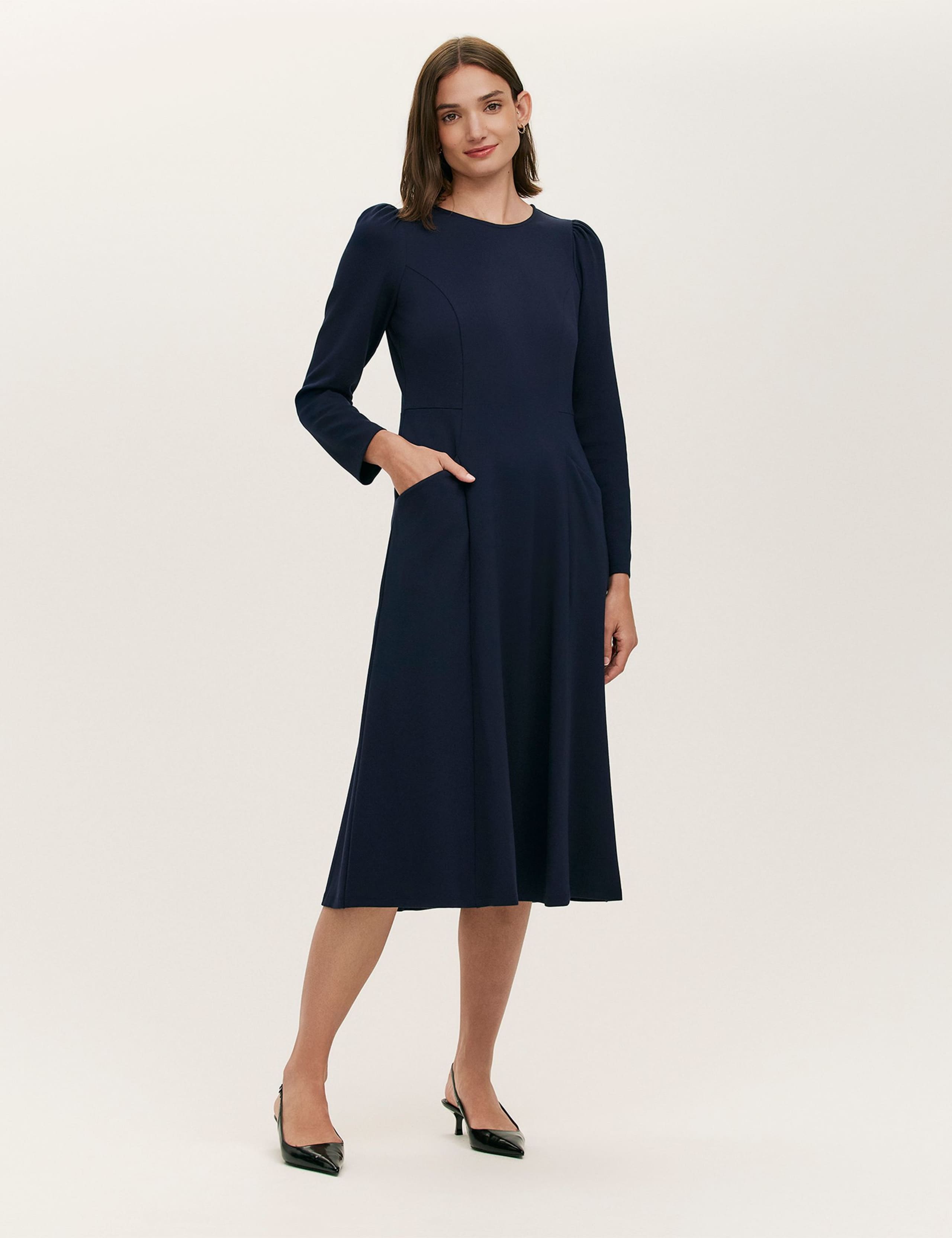 Ponte Jersey Puff Sleeve Midi Skater Dress 1 of 4