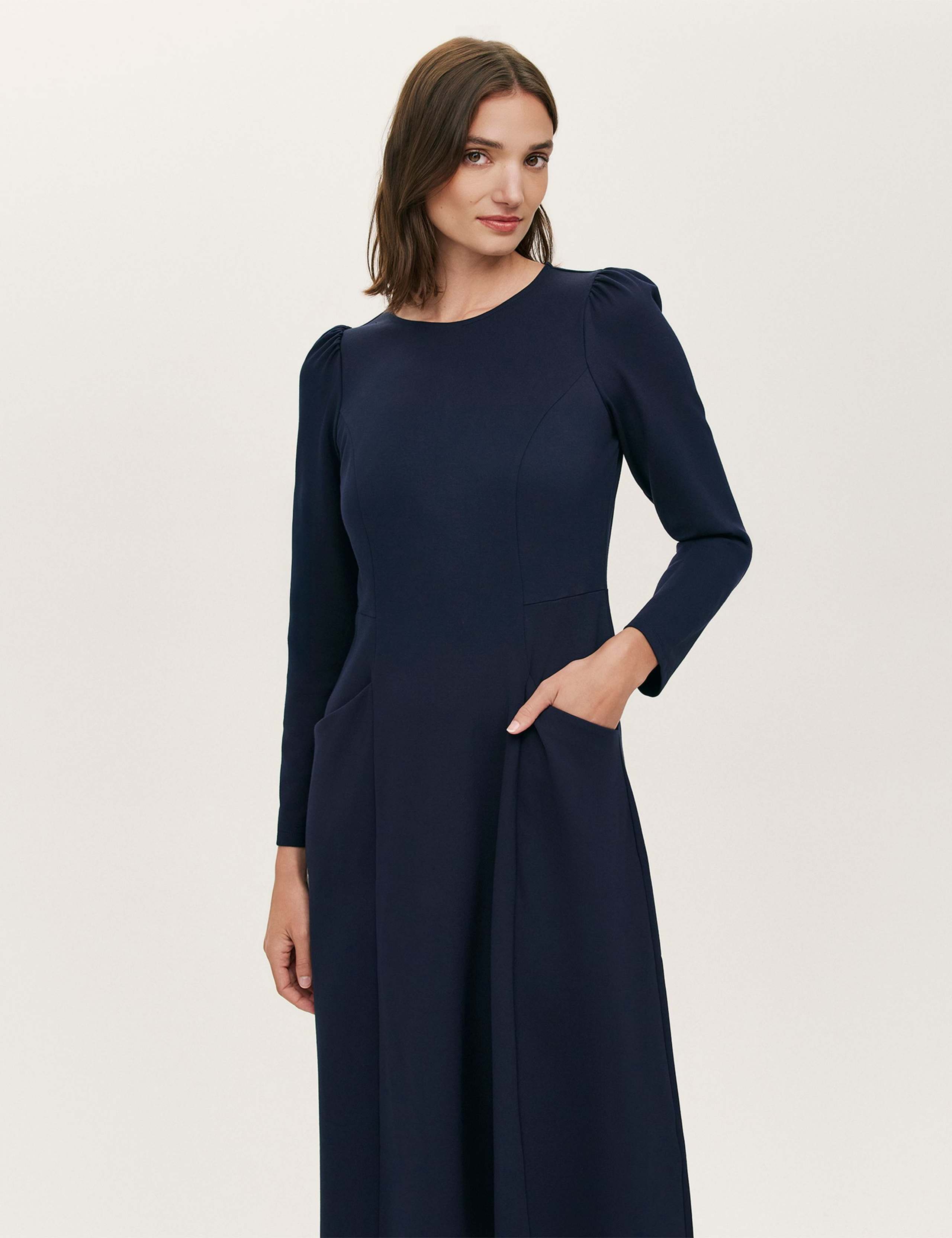 Ponte Jersey Puff Sleeve Midi Skater Dress 3 of 4