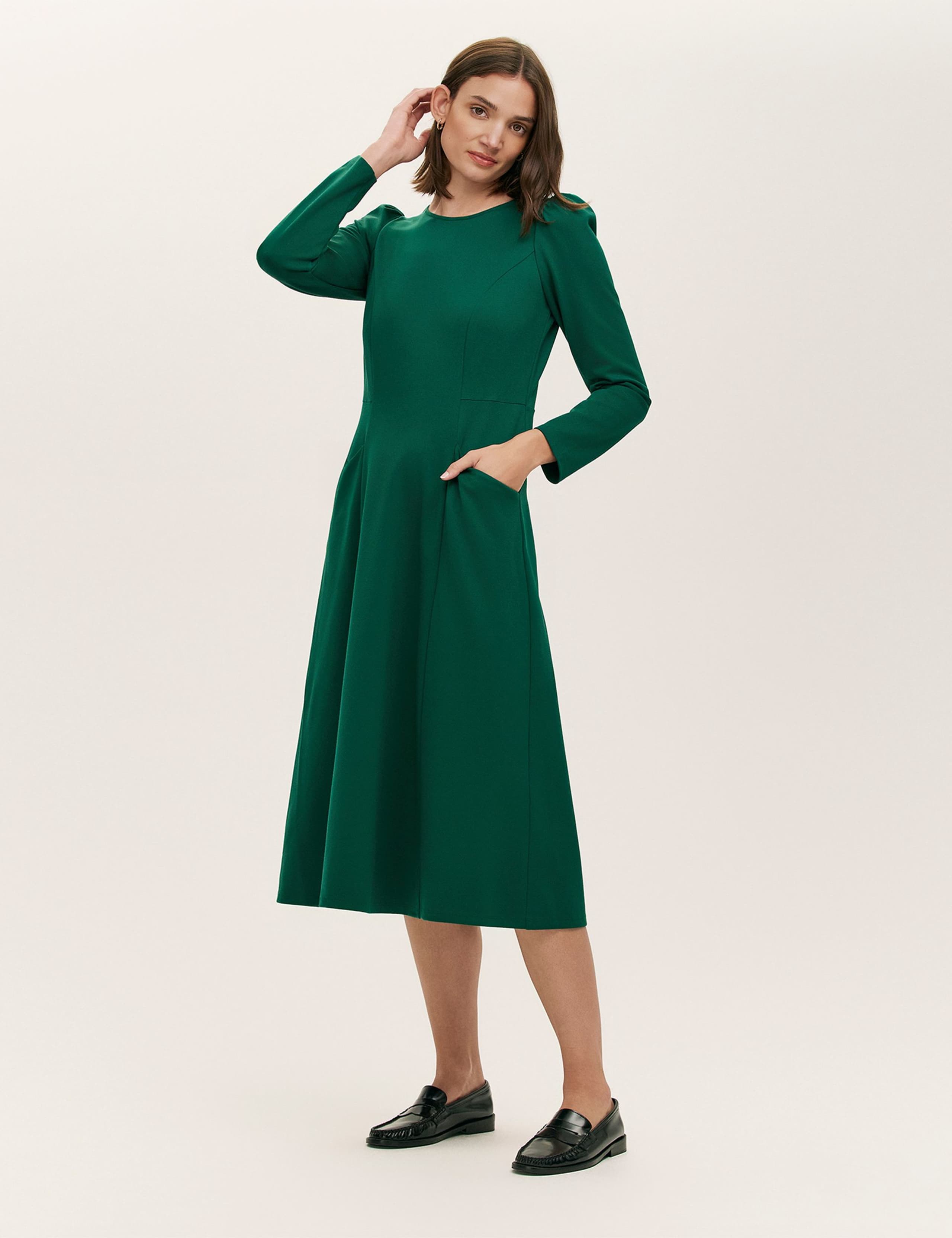 Ponte Jersey Puff Sleeve Midi Skater Dress 2 of 5