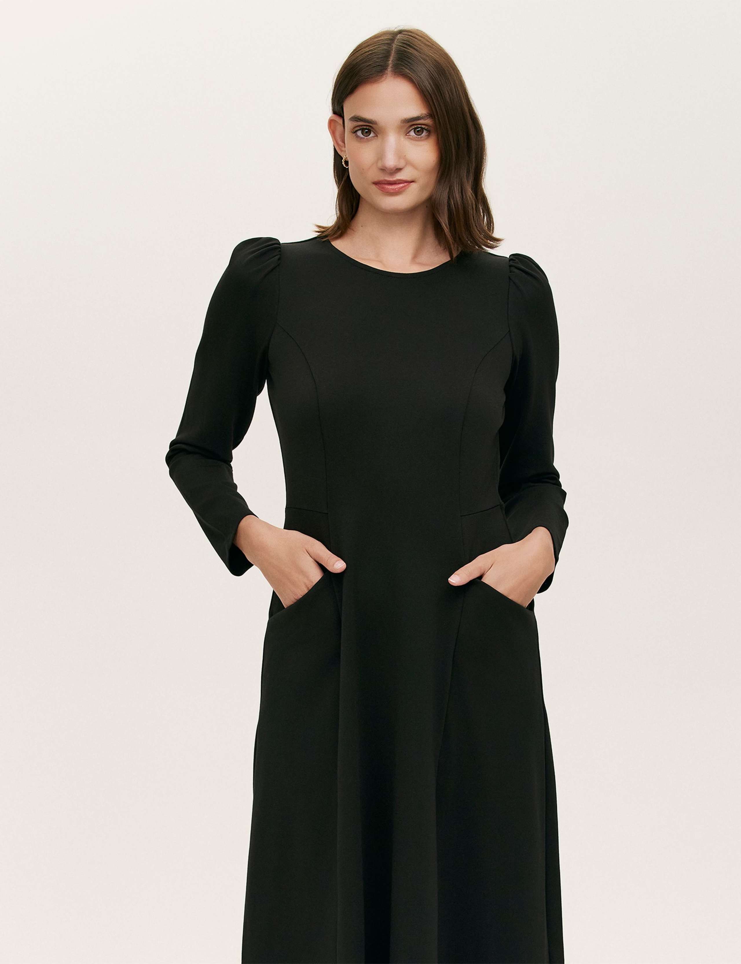 Ponte Jersey Puff Sleeve Midi Skater Dress 3 of 4