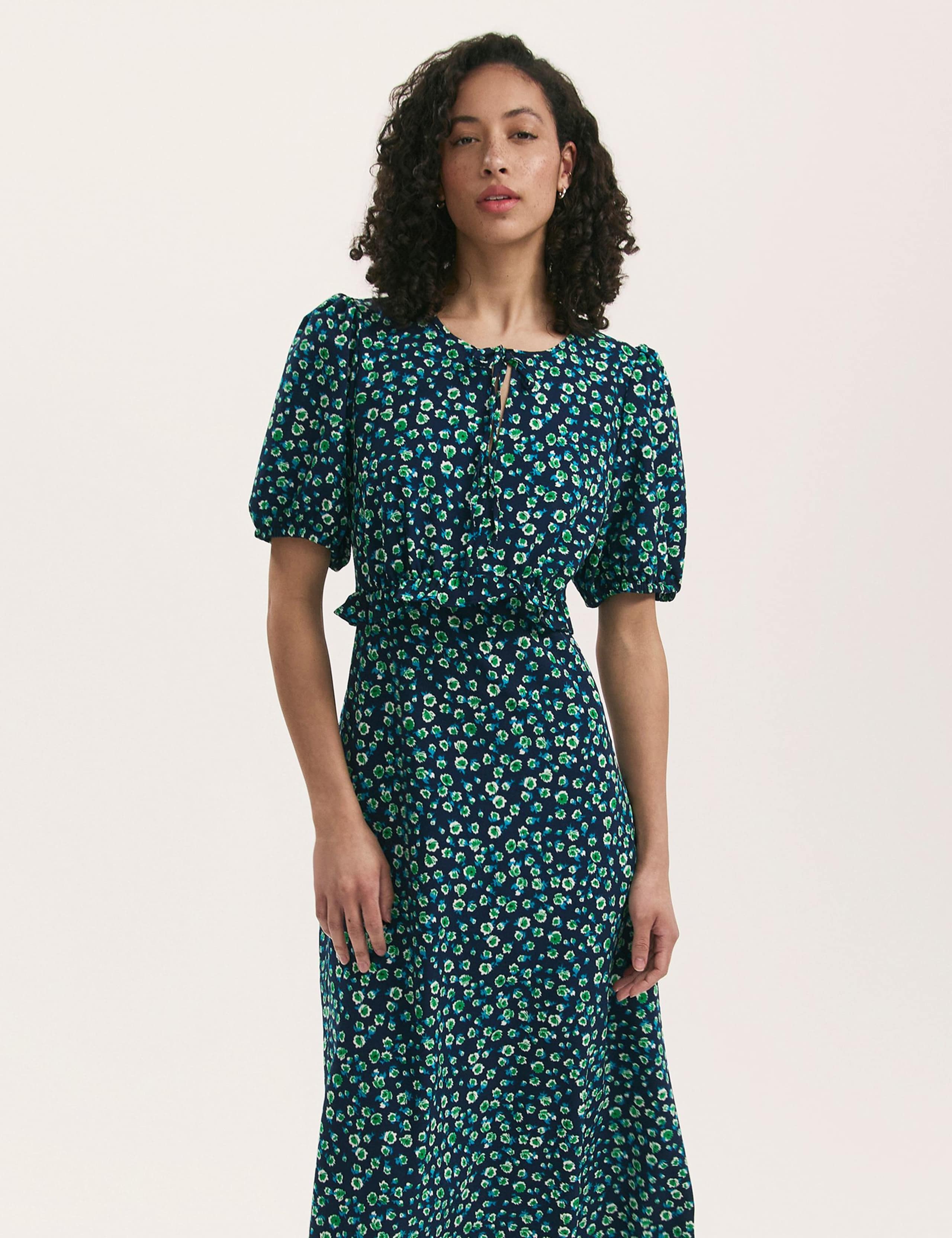Floral Tie Neck Midi Tea Dress 3 of 4