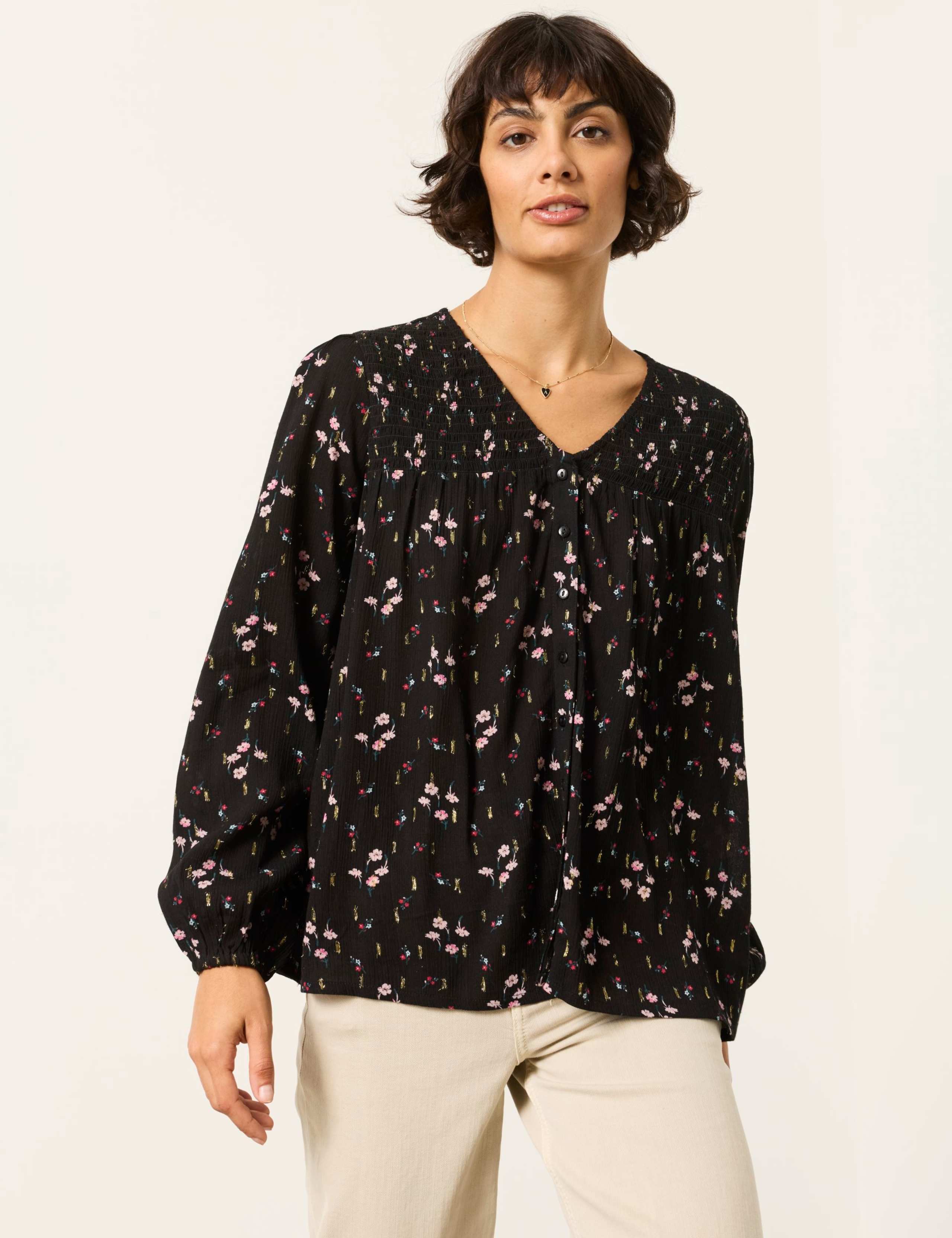 Floral V Neck Button Detail Blouse 1 of 6
