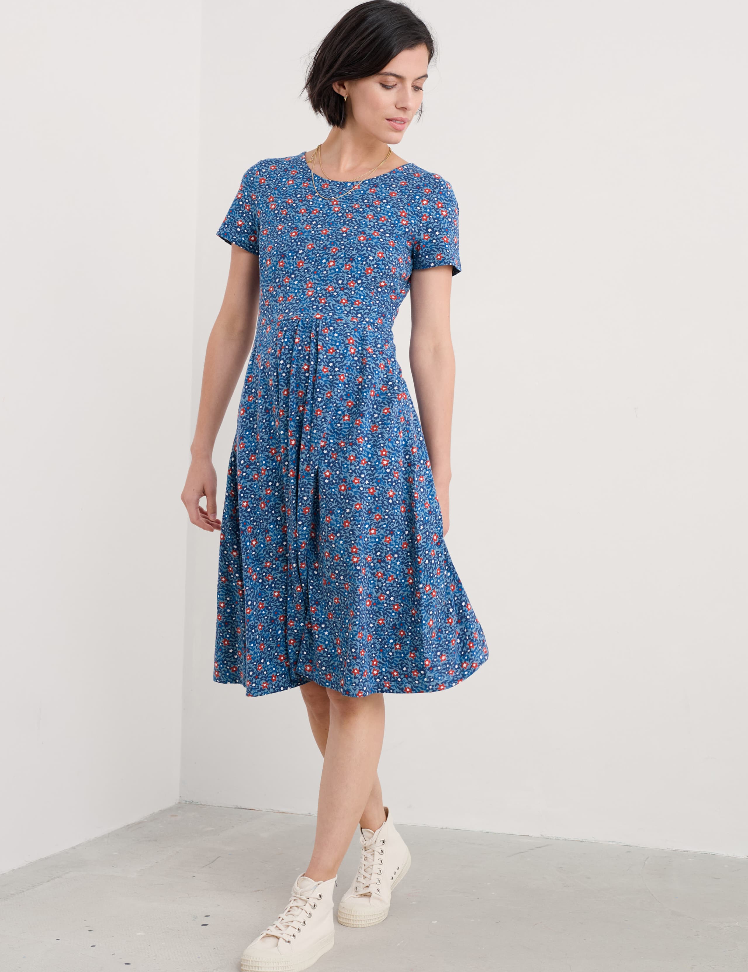 Cotton Rich Floral Midi Waisted Dress 1 of 4