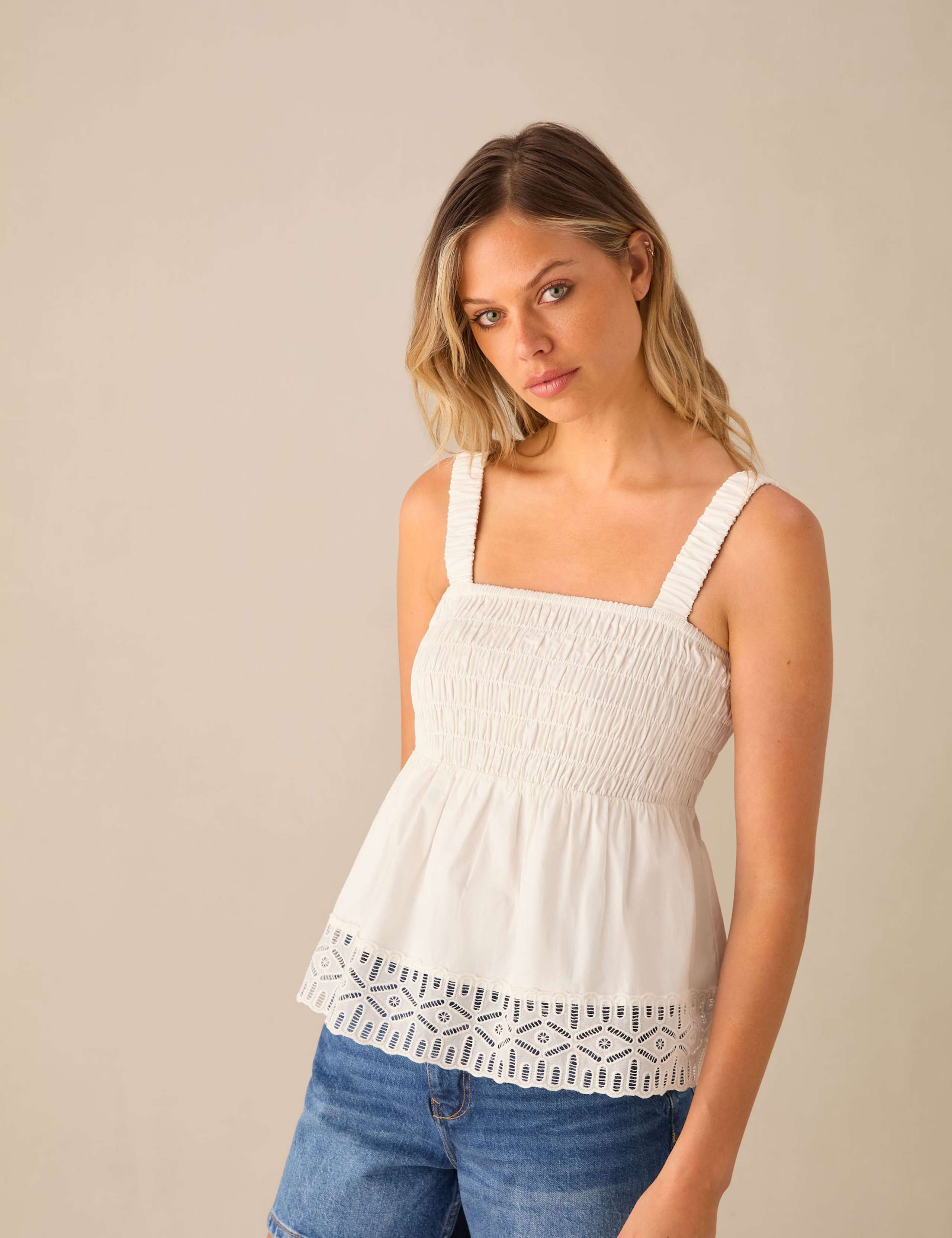 Cotton Rich Broderie Shirred Peplum Top 1 of 3