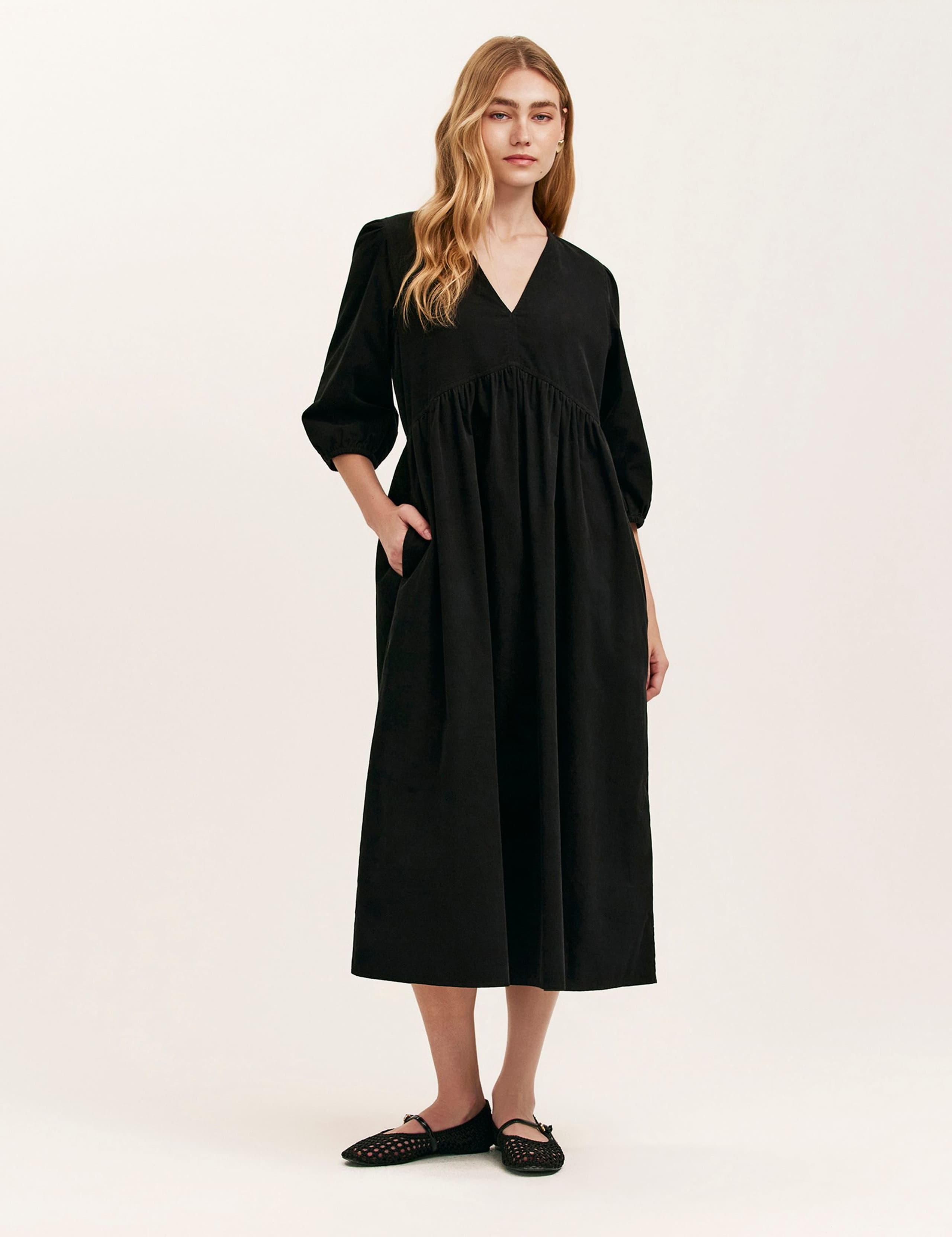 Cord V-Neck Midi Smock Dress 1 of 4