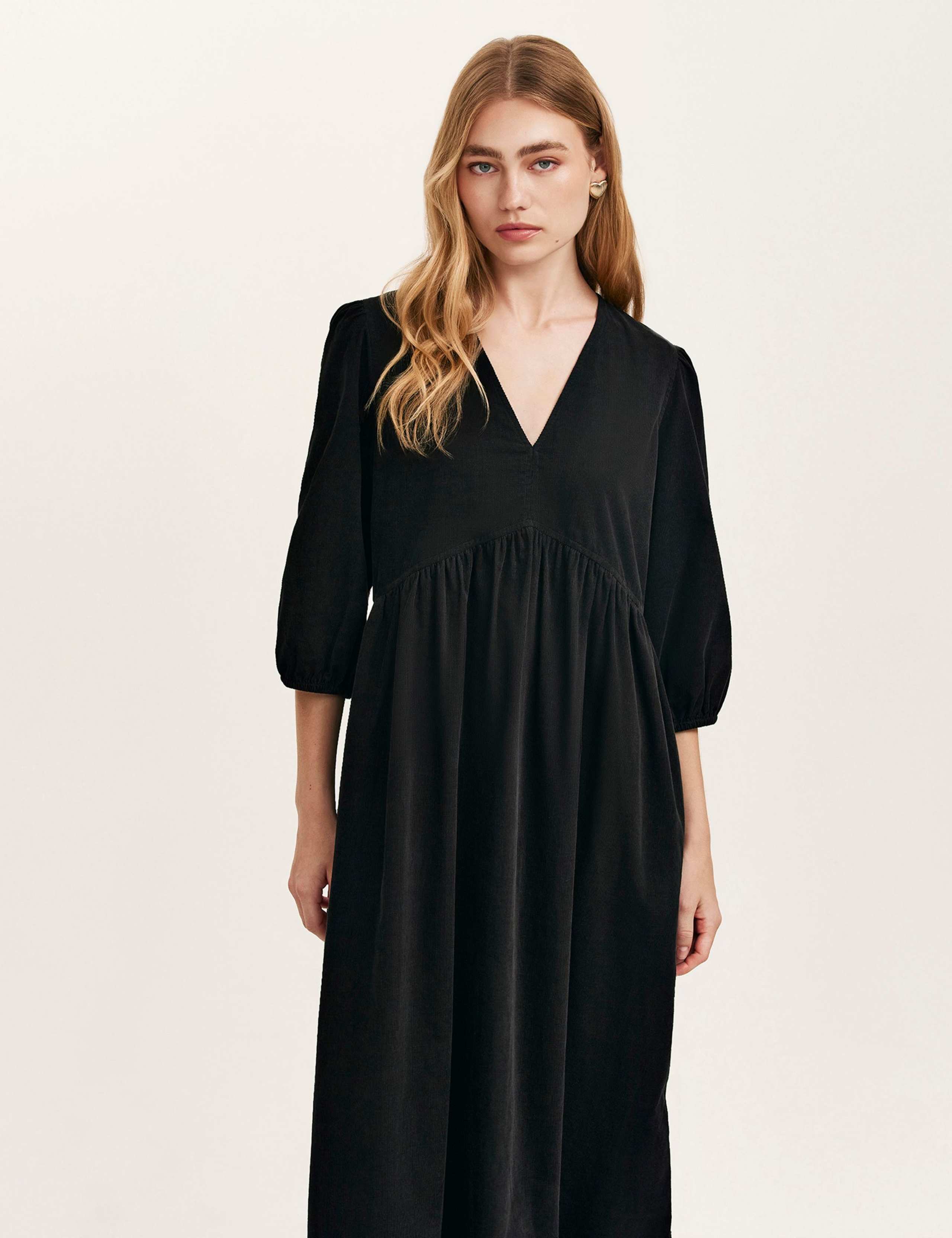 Cord V-Neck Midi Smock Dress 2 of 4