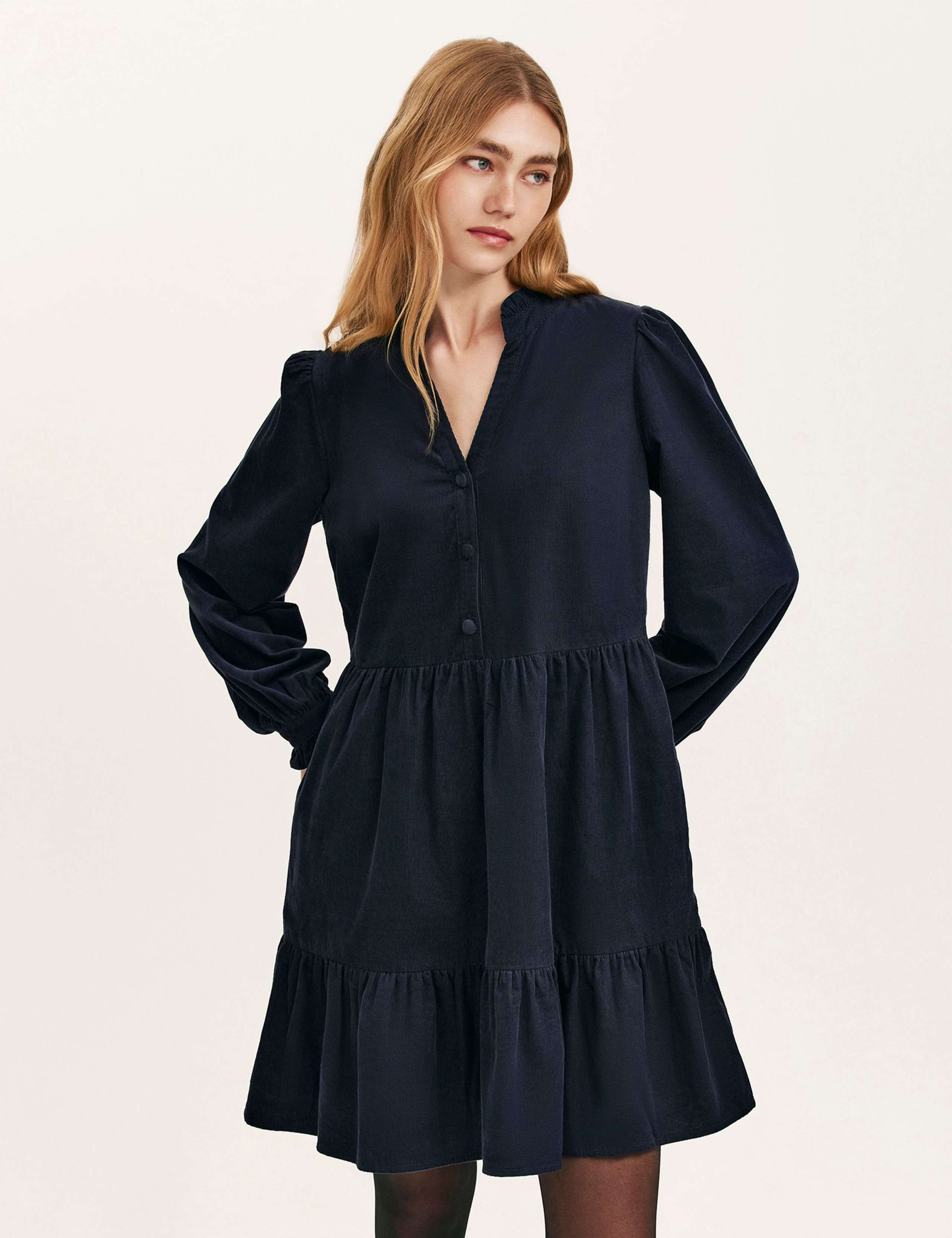 Cord V-Neck Knee Length Tiered Dress 2 of 4