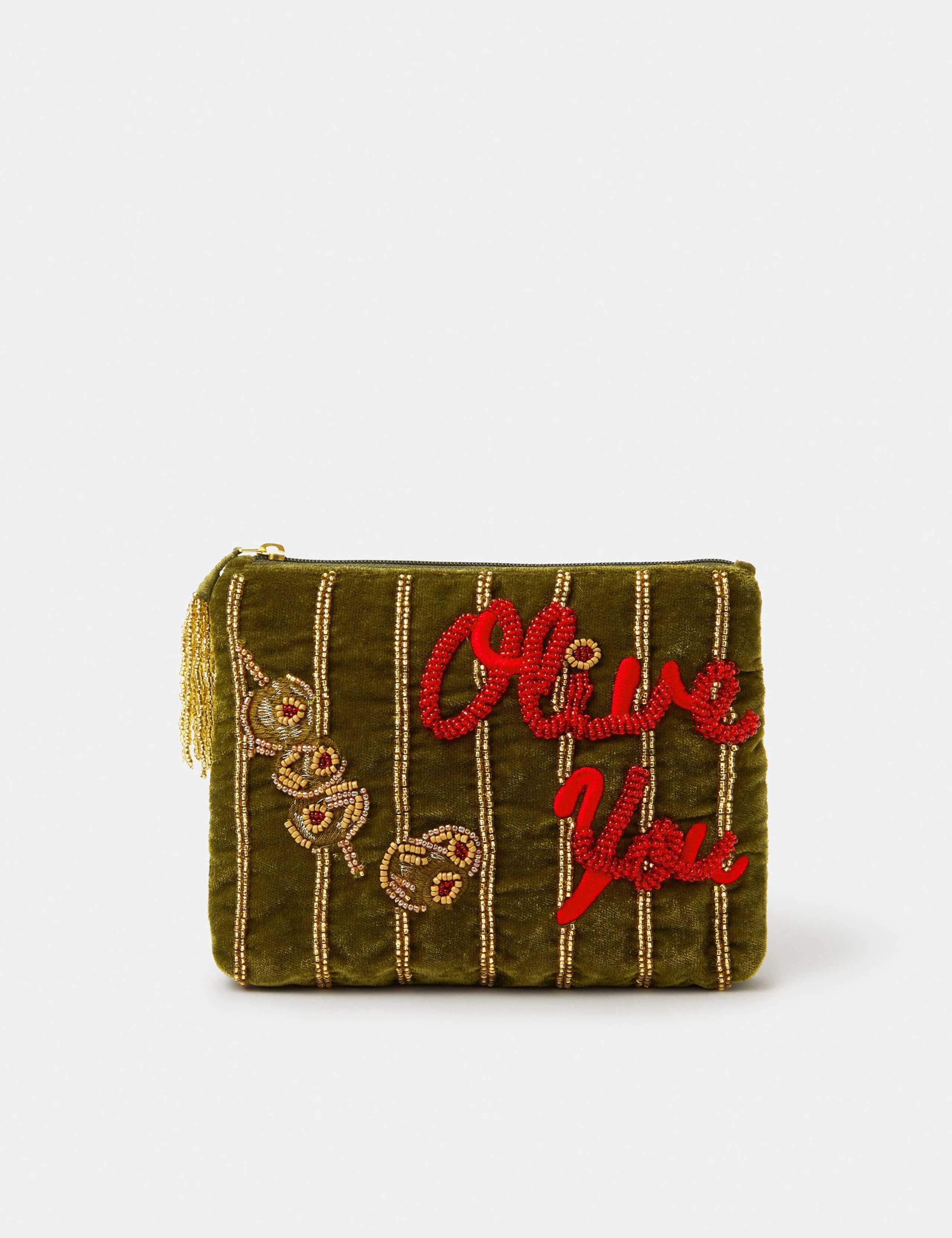 Velvet Embellished Olive You Purse 1 of 4
