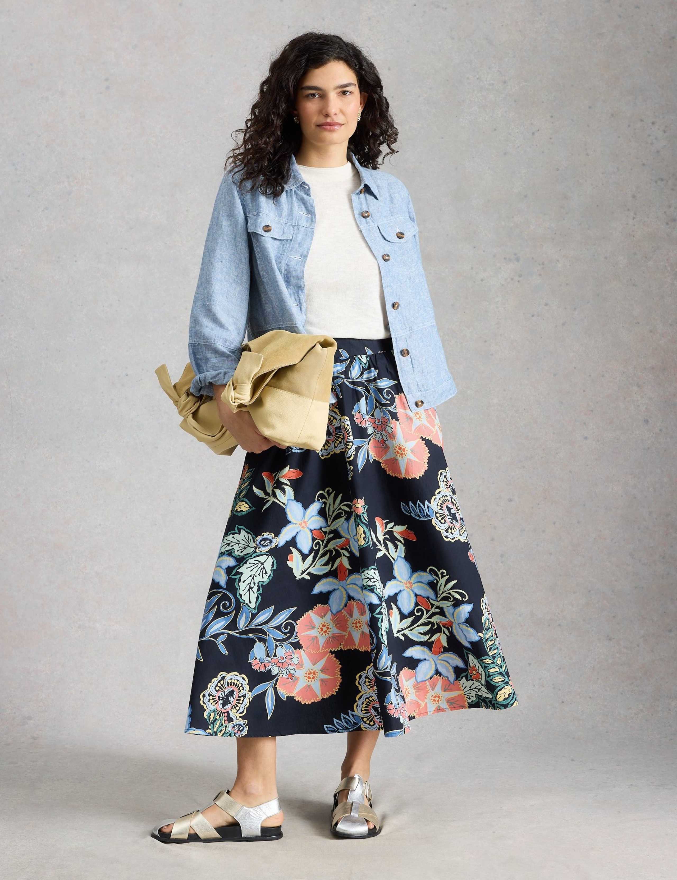Pure Cotton Floral Midi A-Line Skirt 1 of 6