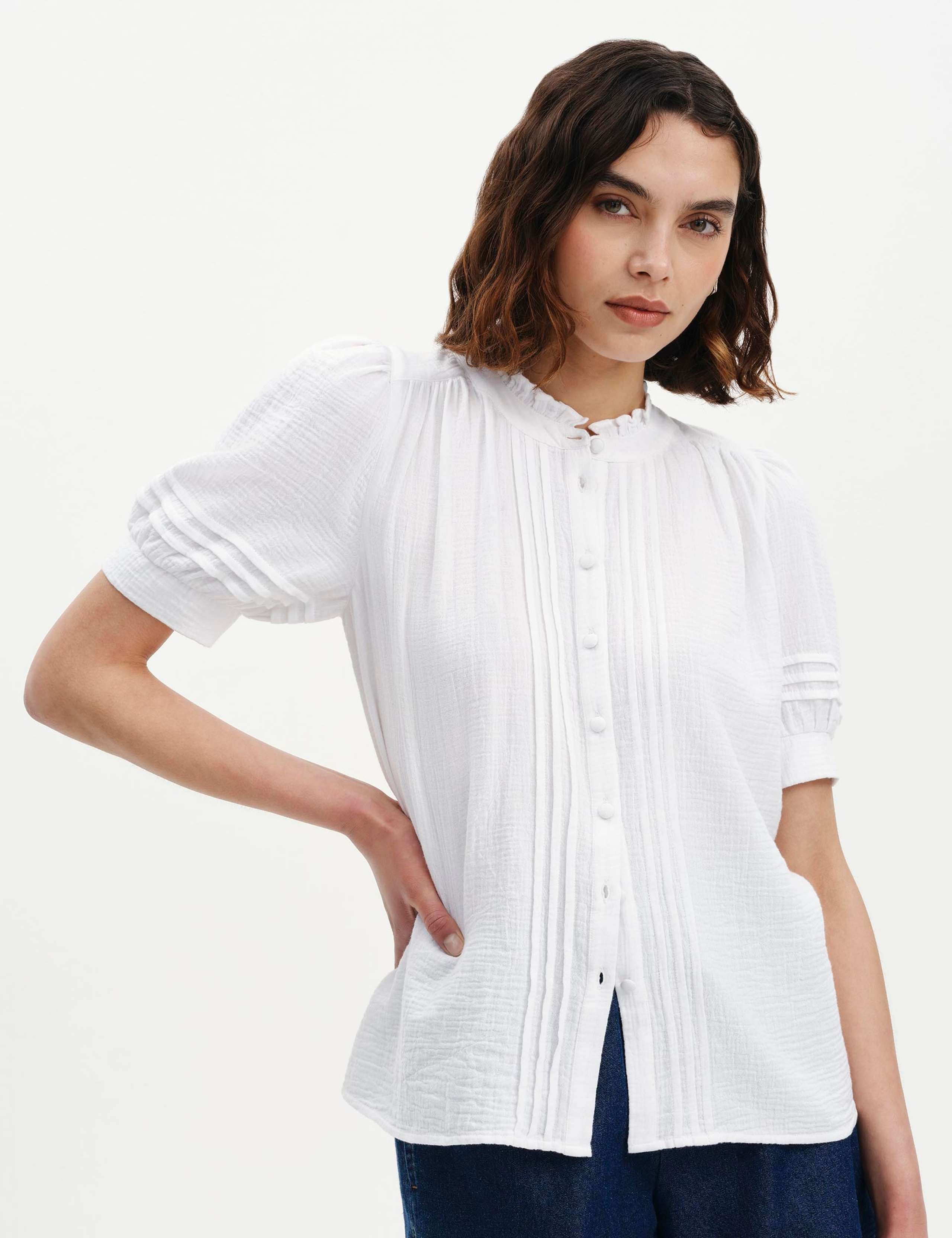 Pure Cotton High Neck Pintuck Blouse 1 of 6