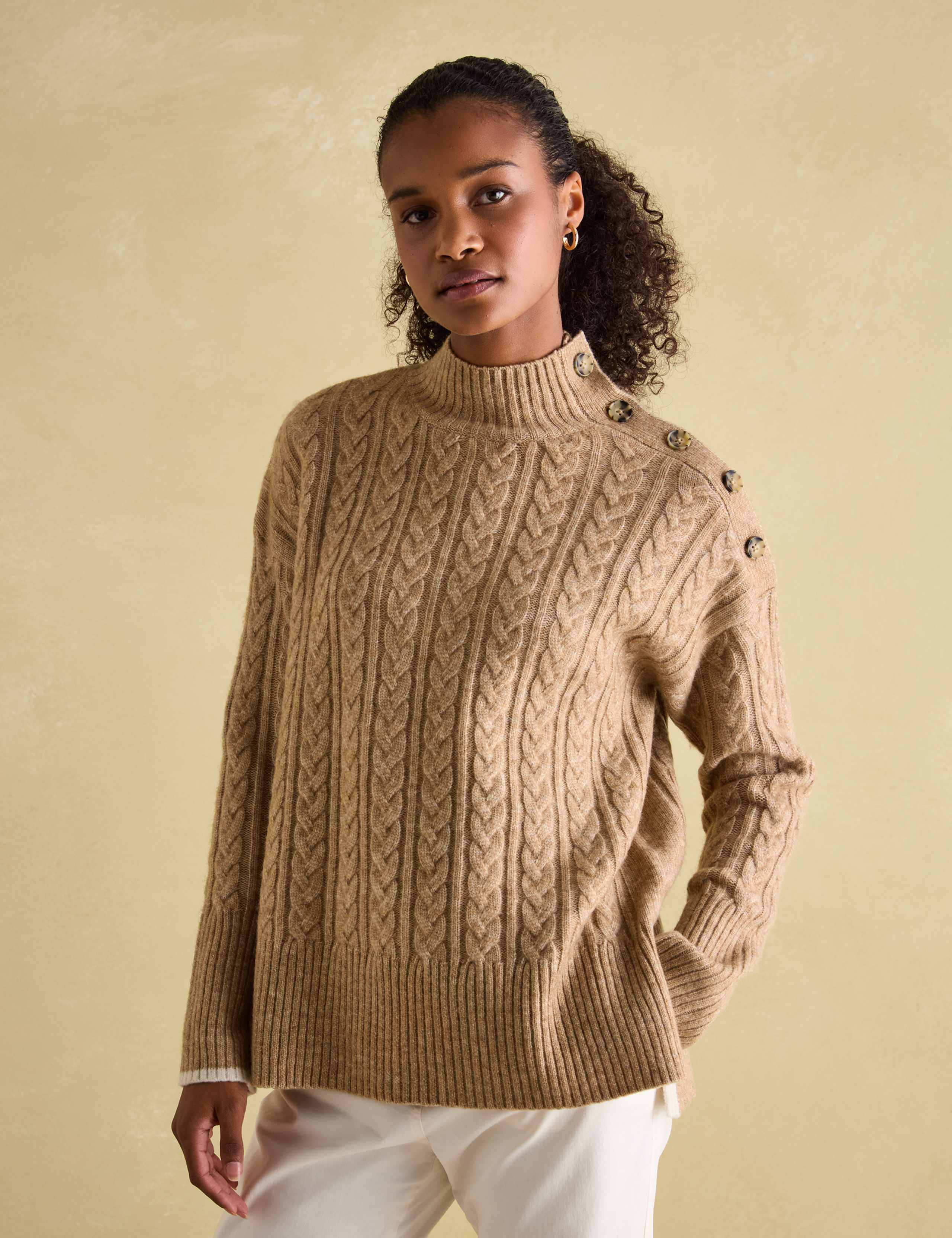 Cable Knit High Neck Jumper with Wool 1 of 5