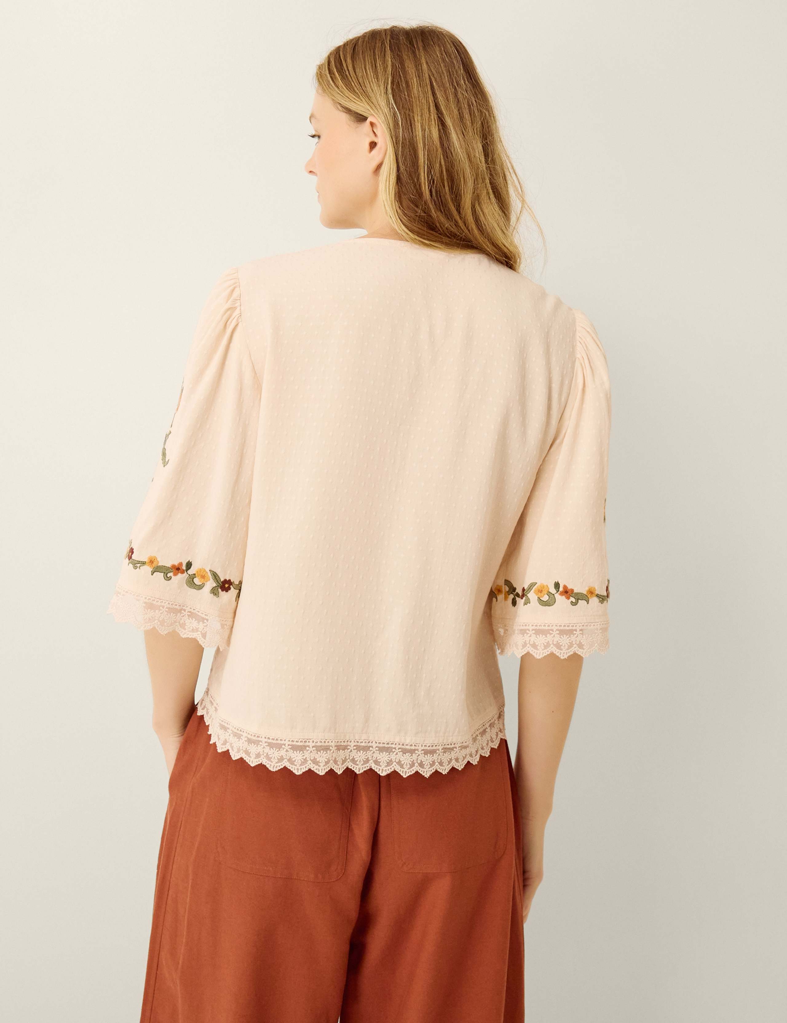 Floral Embroidered Tie Front V-Neck Blouse 2 of 5