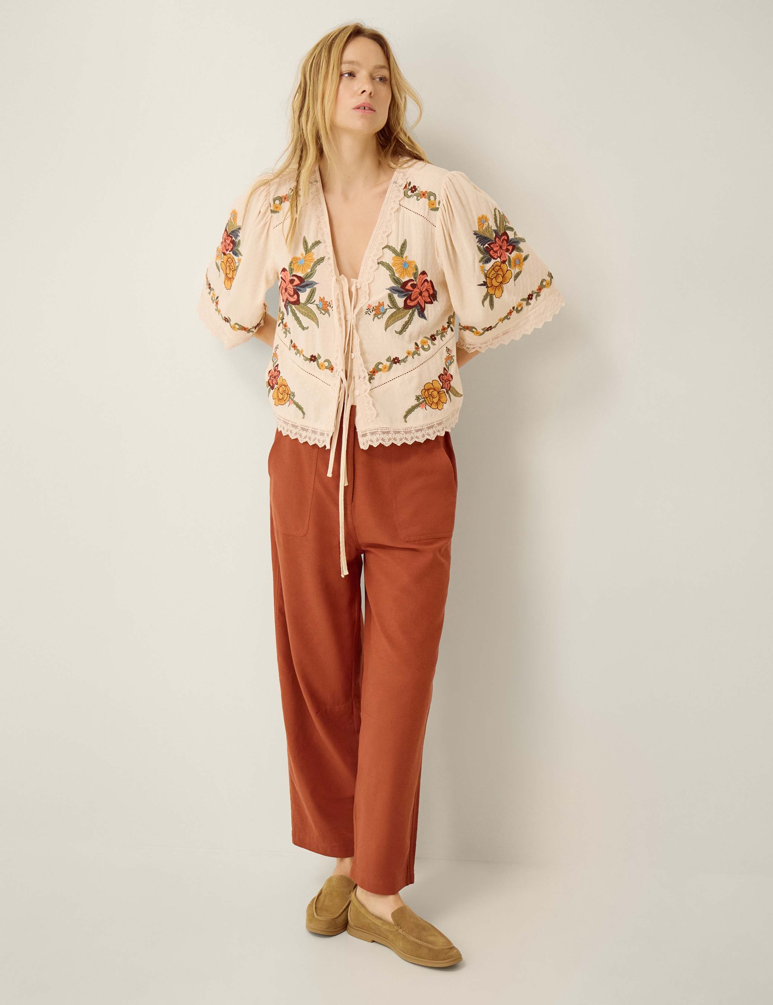 Floral Embroidered Tie Front V-Neck Blouse 3 of 5