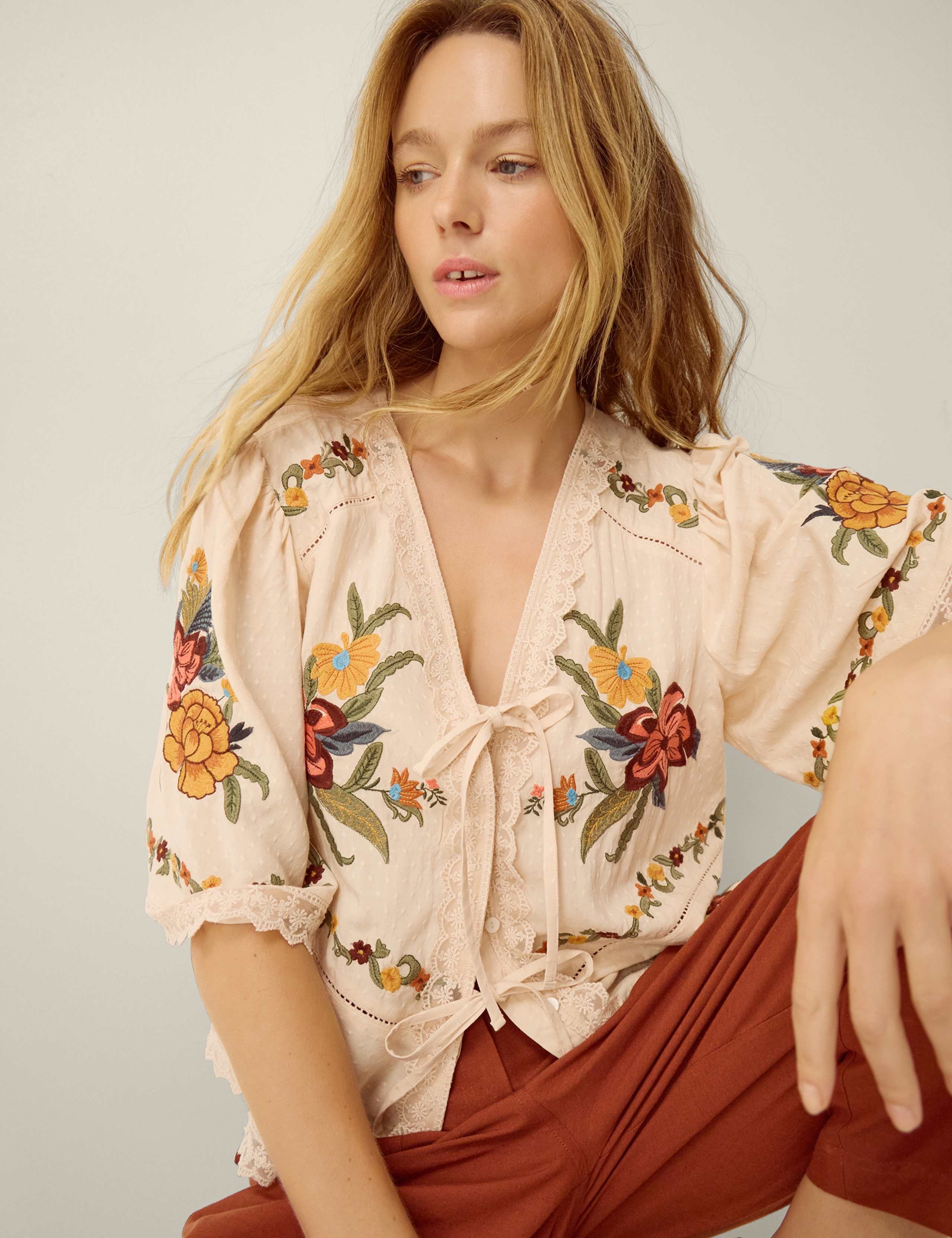 Floral Embroidered Tie Front V-Neck Blouse 4 of 5