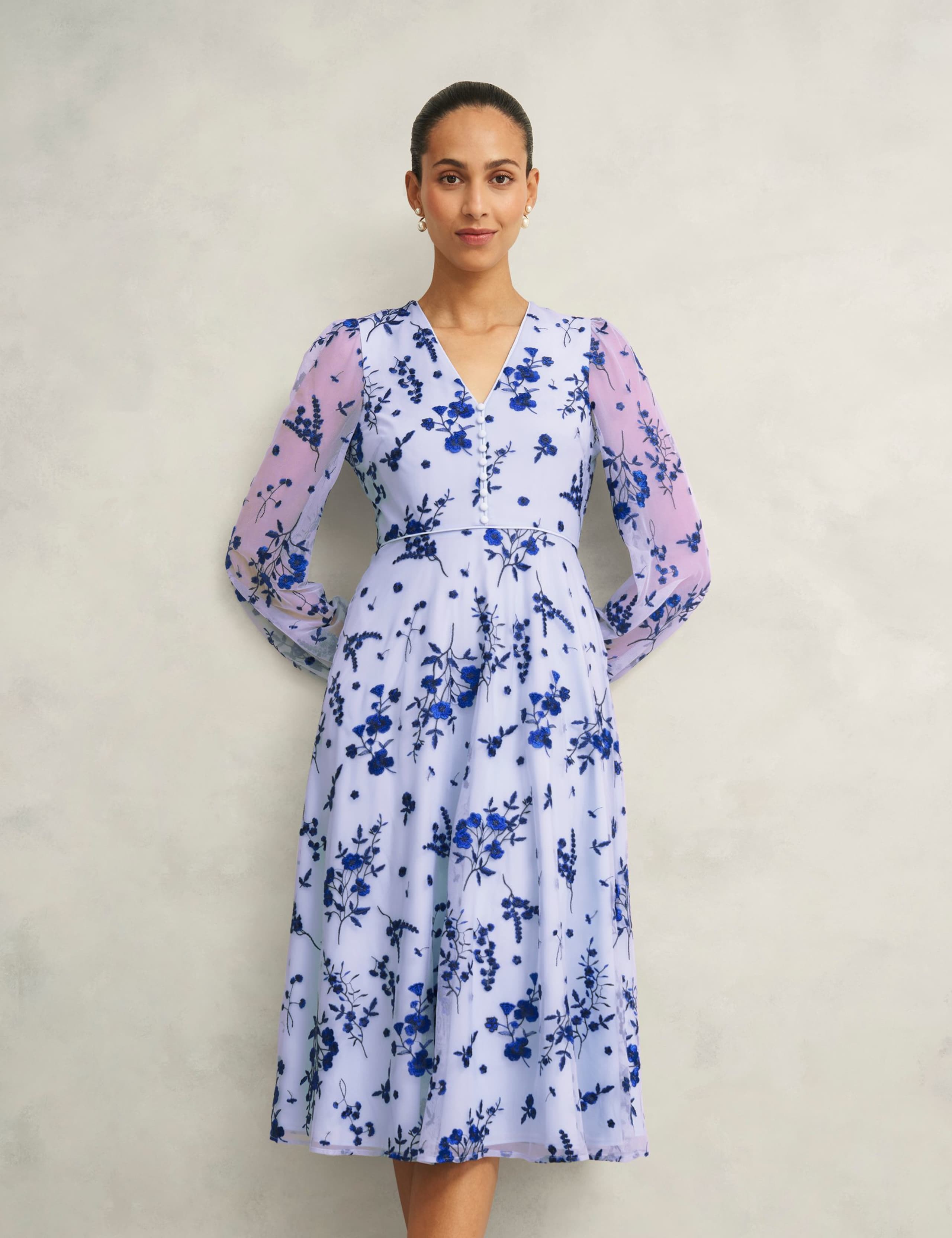 Embroidered V-Neck Midi Skater Dress 1 of 7