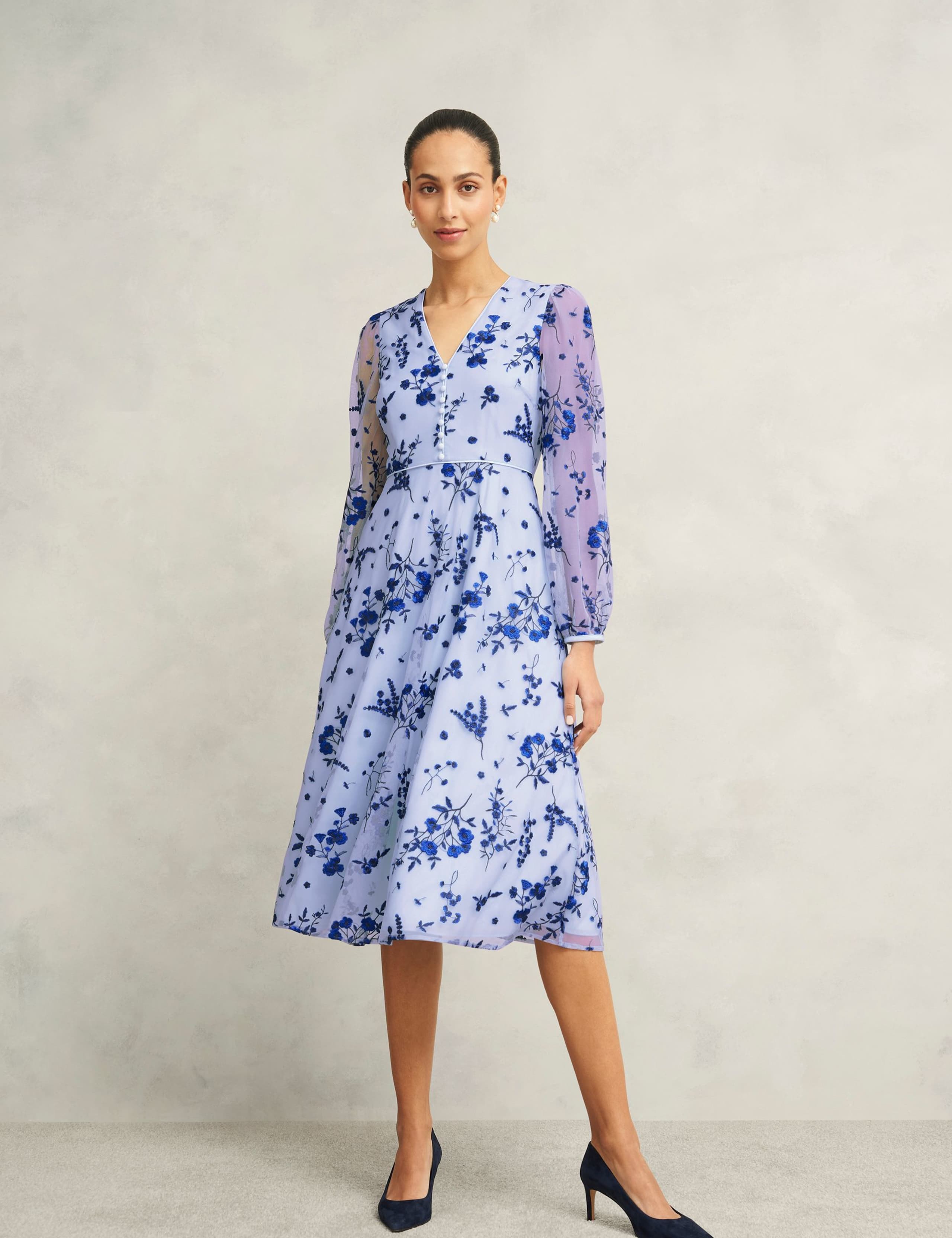 Embroidered V-Neck Midi Skater Dress 2 of 7