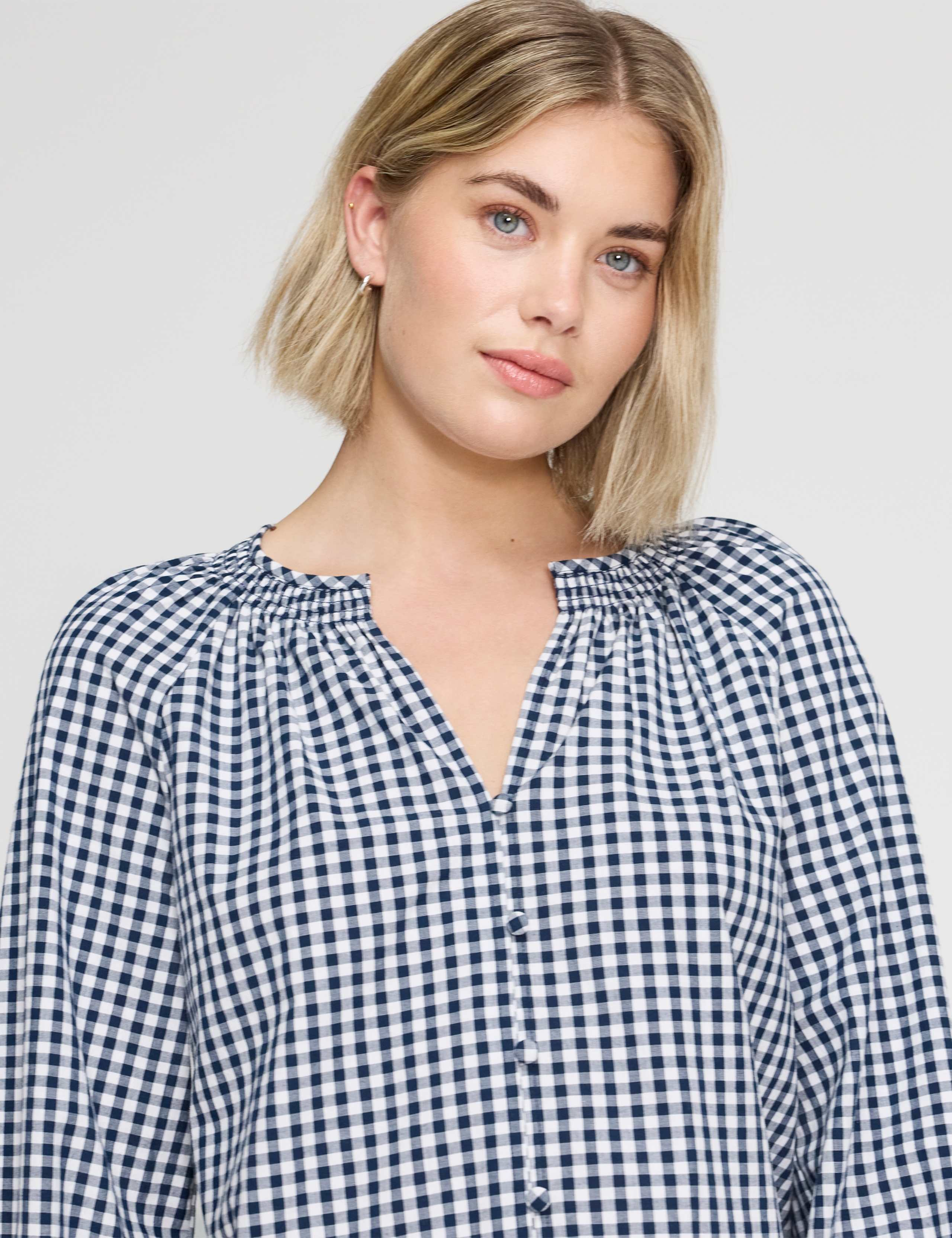 Pure Cotton Gingham V-Neck Blouse 4 of 5