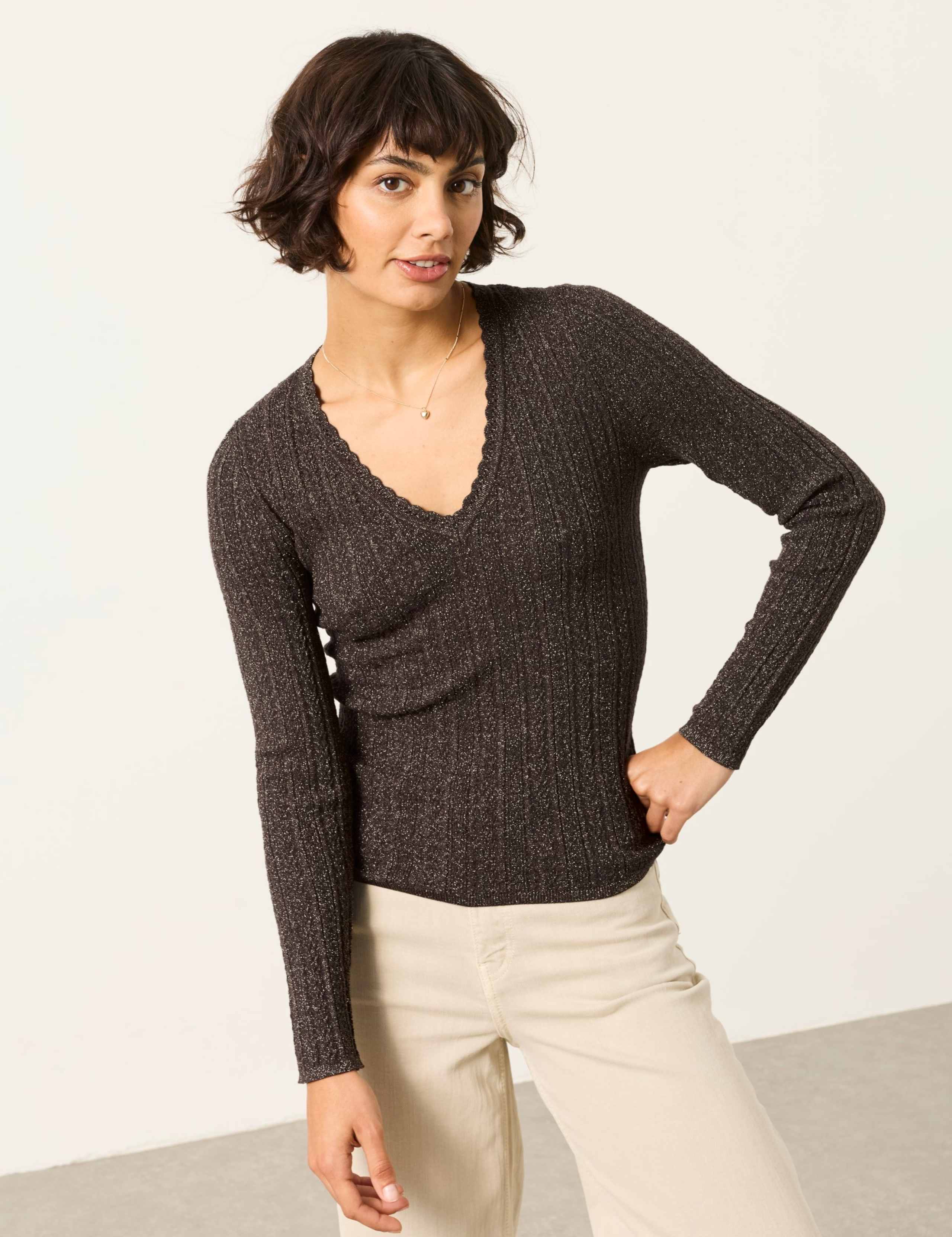 Merino Wool Rich Sparkly V Neck Jumper 1 of 7