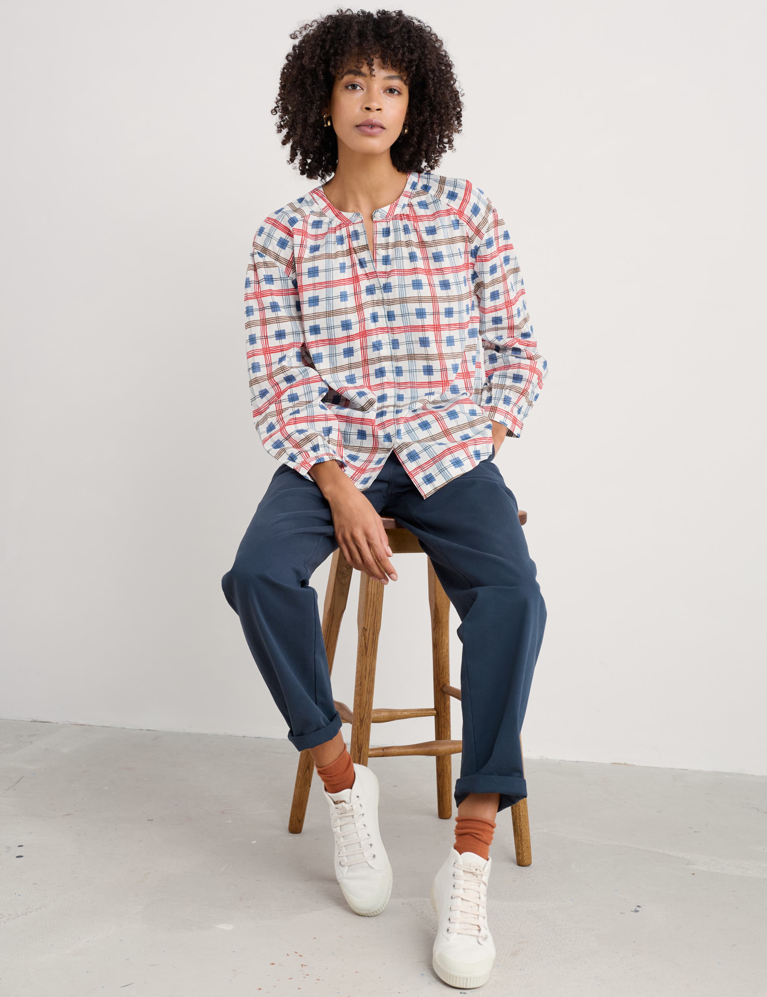 Pure Cotton Checked Round Neck Button Through Shirt 4 of 4
