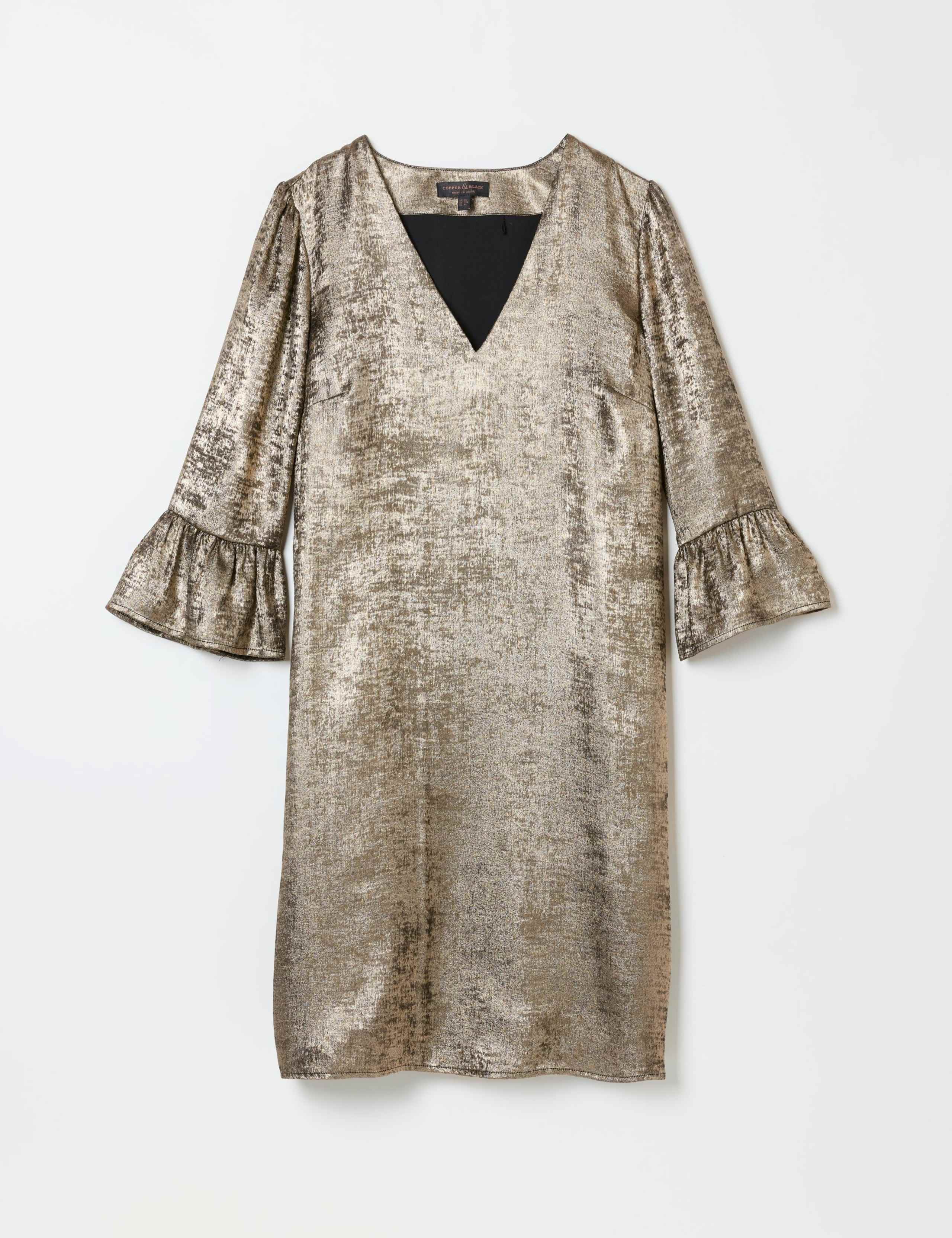 Metallic V-Neck Frill Cuff Mini Shift Dress 2 of 5