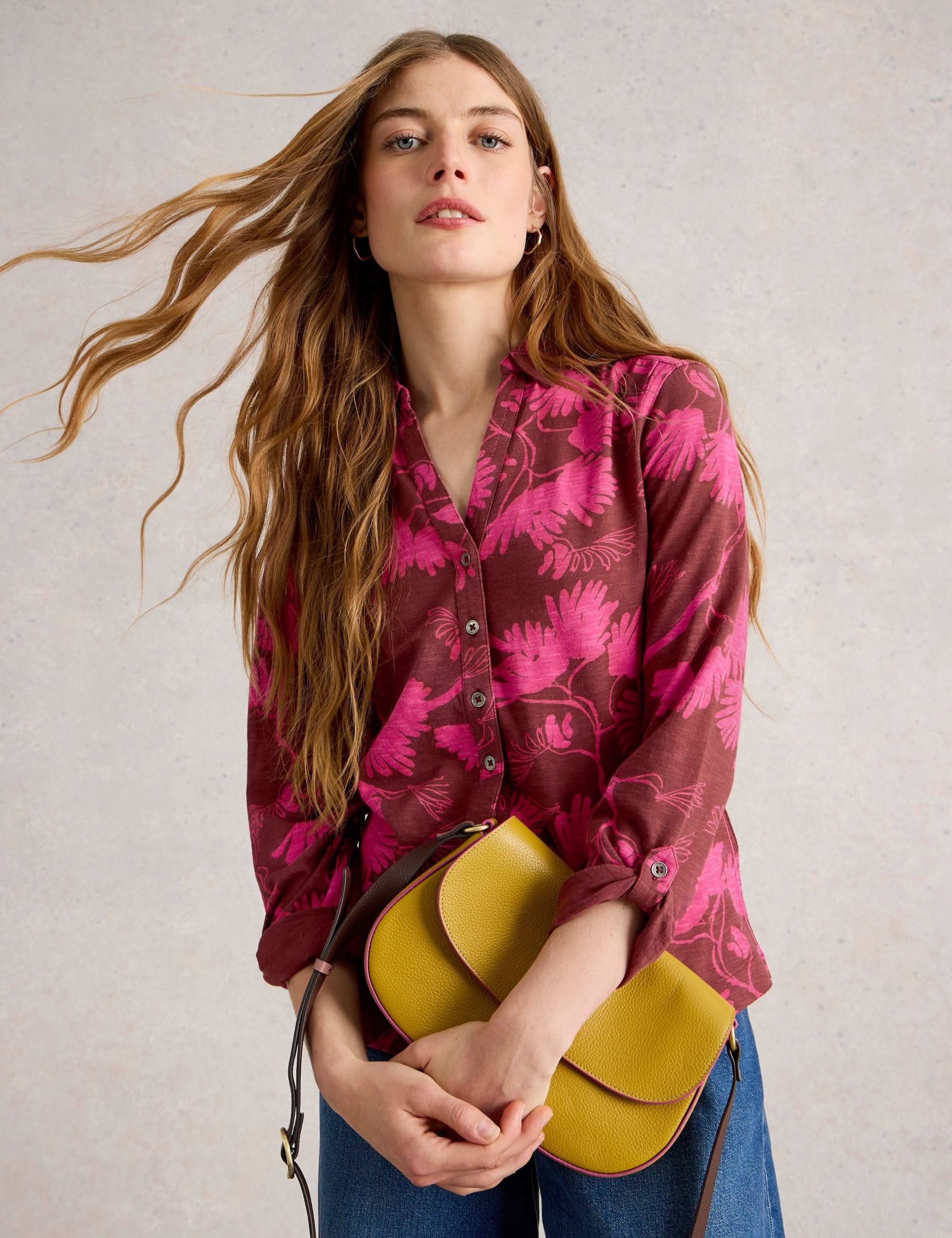 Pure Cotton Jersey Leaf Print Collared Shirt 3 of 6