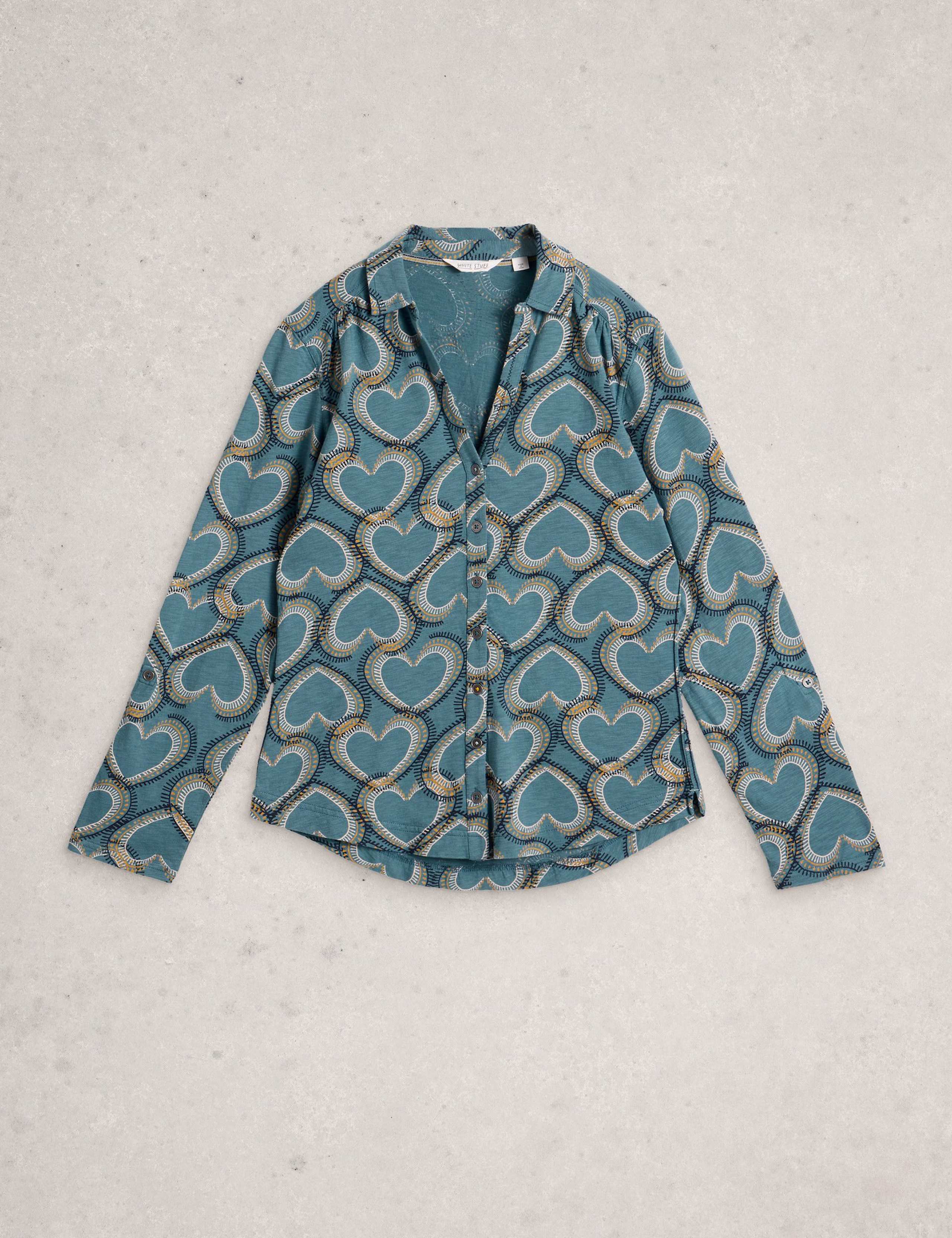 Pure Cotton Jersey Leaf Print Collared Shirt 2 of 6