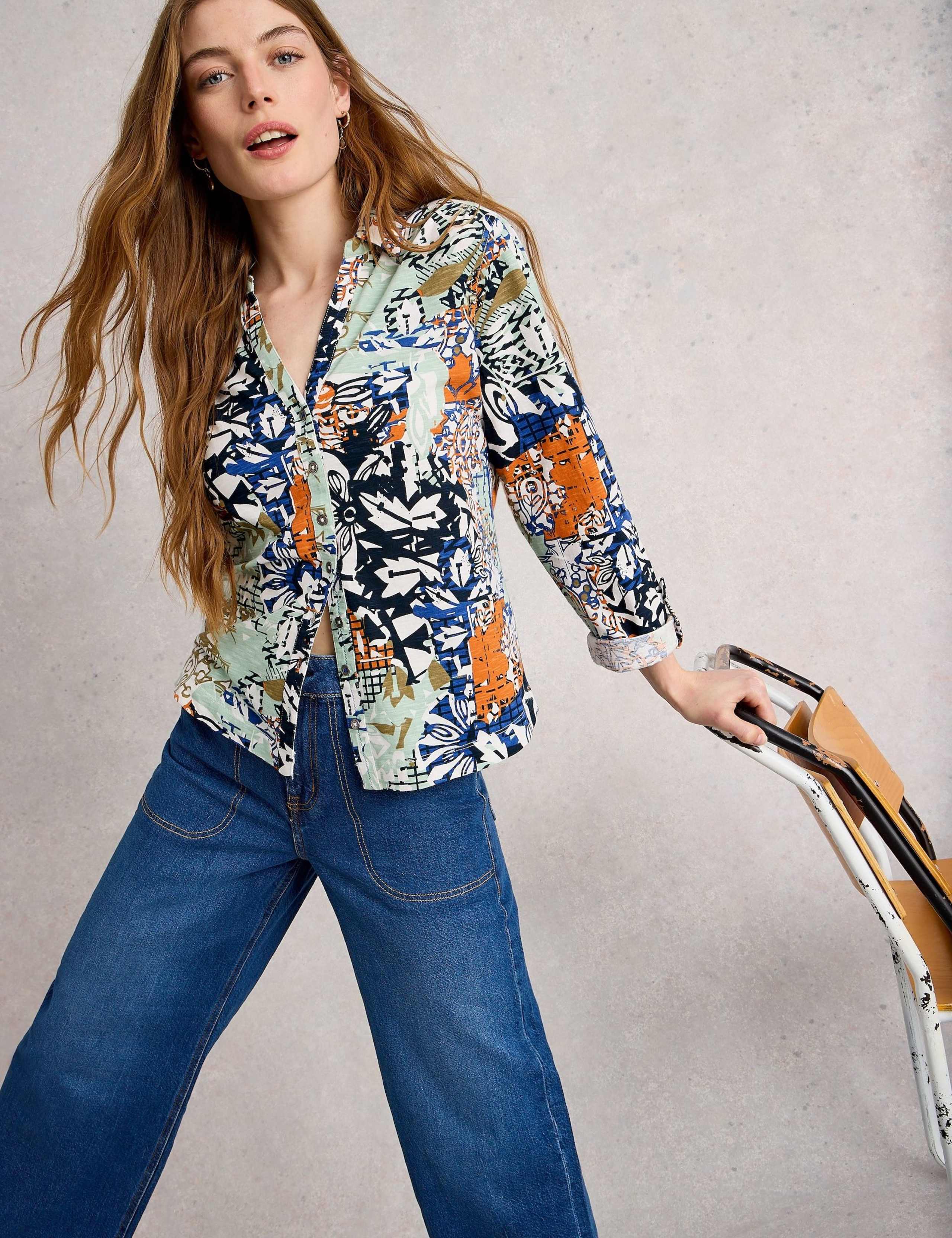 Pure Cotton Jersey Leaf Print Collared Shirt 3 of 6