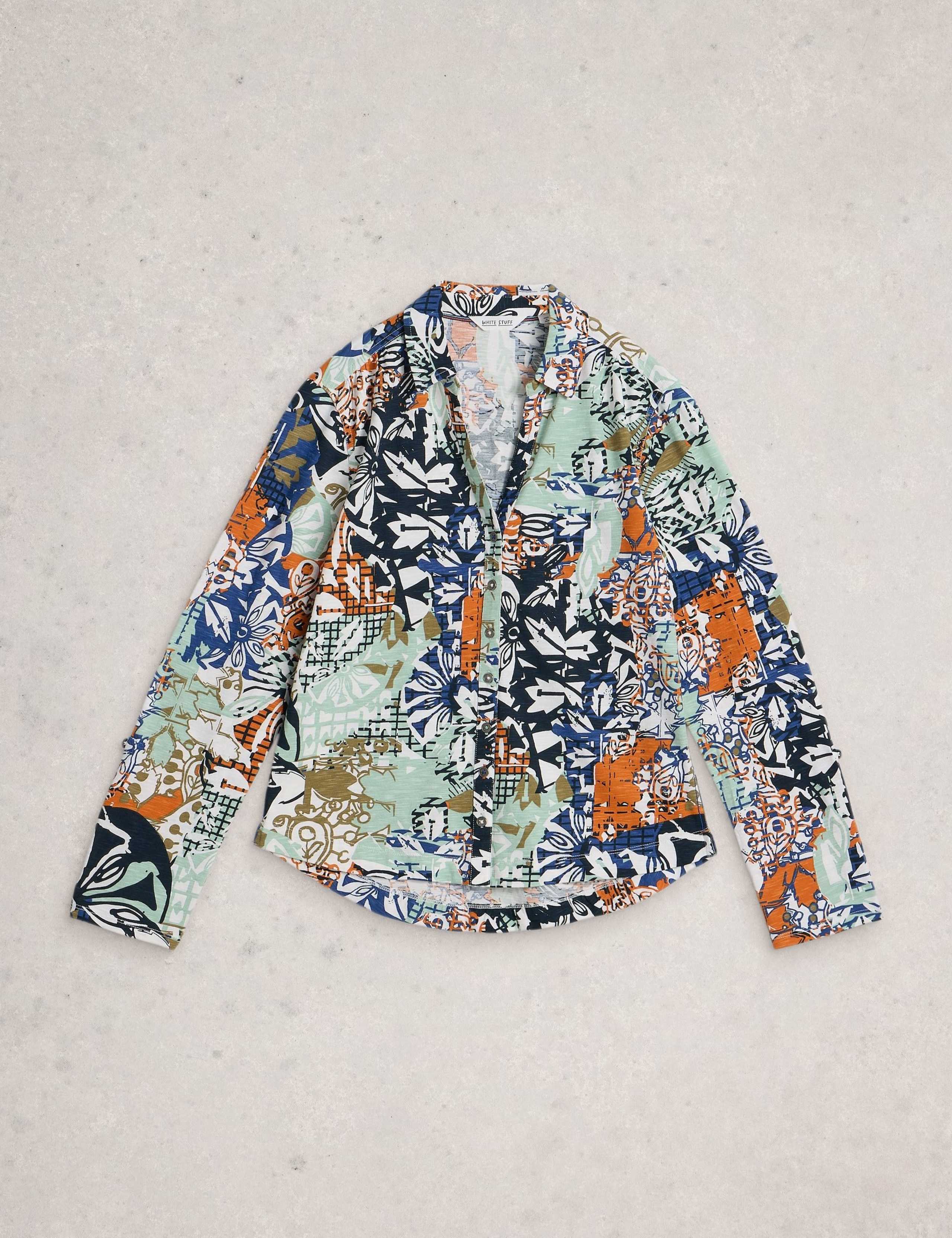 Pure Cotton Jersey Leaf Print Collared Shirt 2 of 6