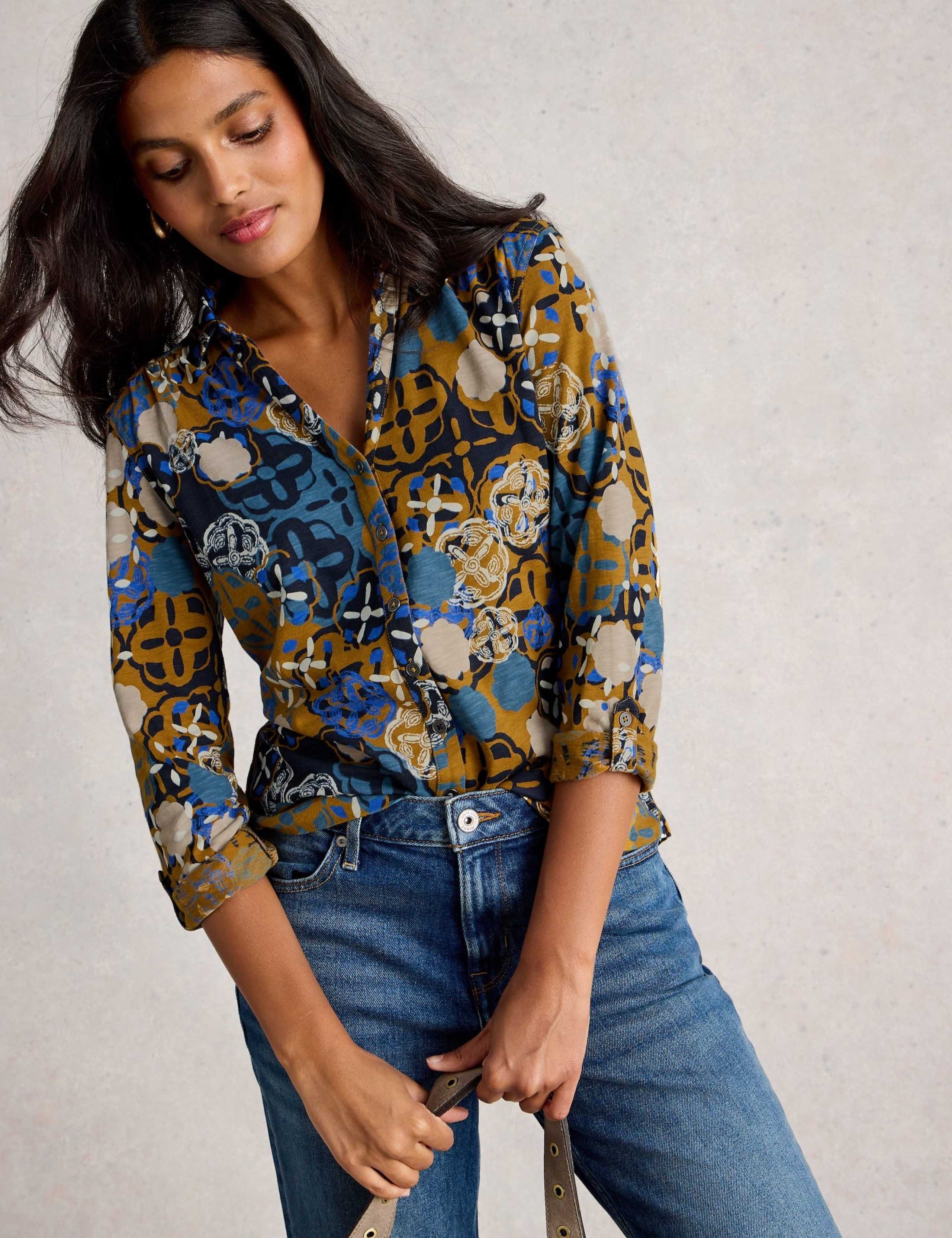 Pure Cotton Jersey Leaf Print Collared Shirt 6 of 6