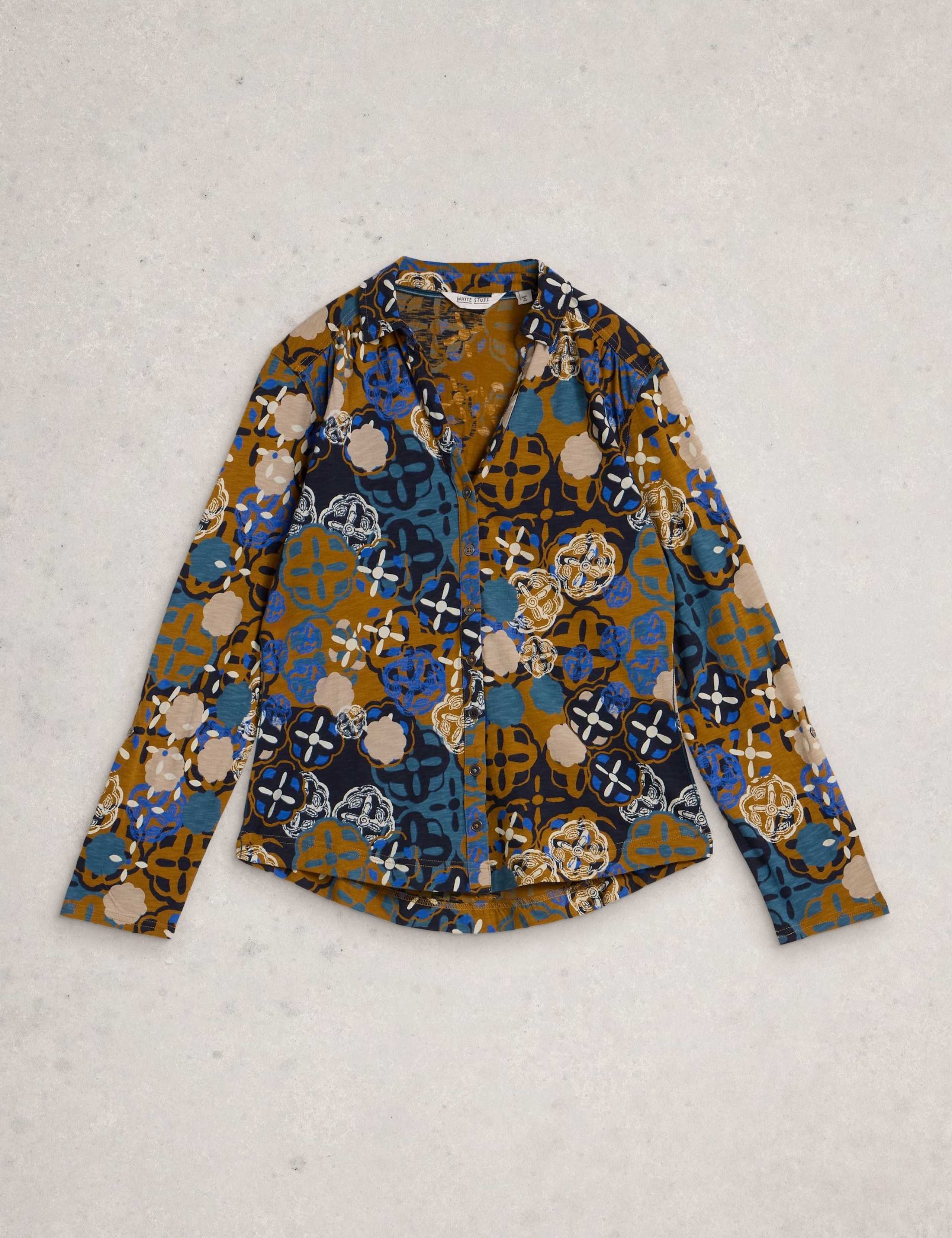 Pure Cotton Jersey Leaf Print Collared Shirt 2 of 6