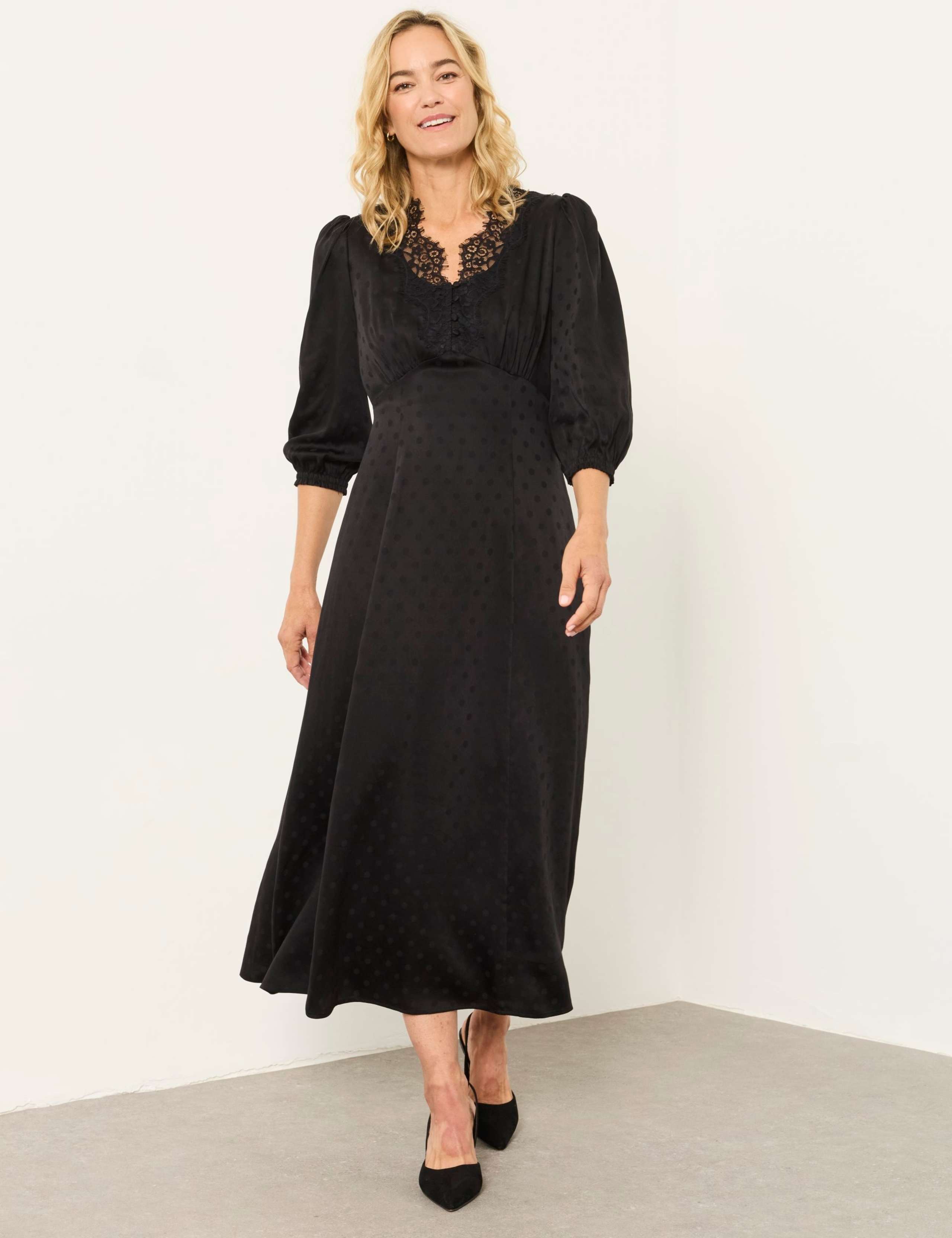Jacquard V Neck Lace Insert Midi Tea Dress 1 of 5