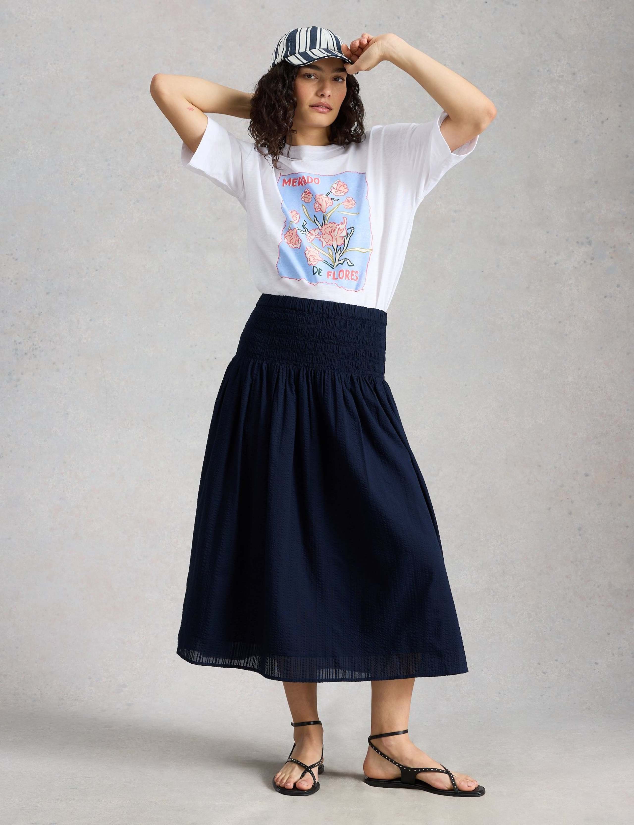 Pure Cotton Shirred Midi A-Line Skirt 1 of 6