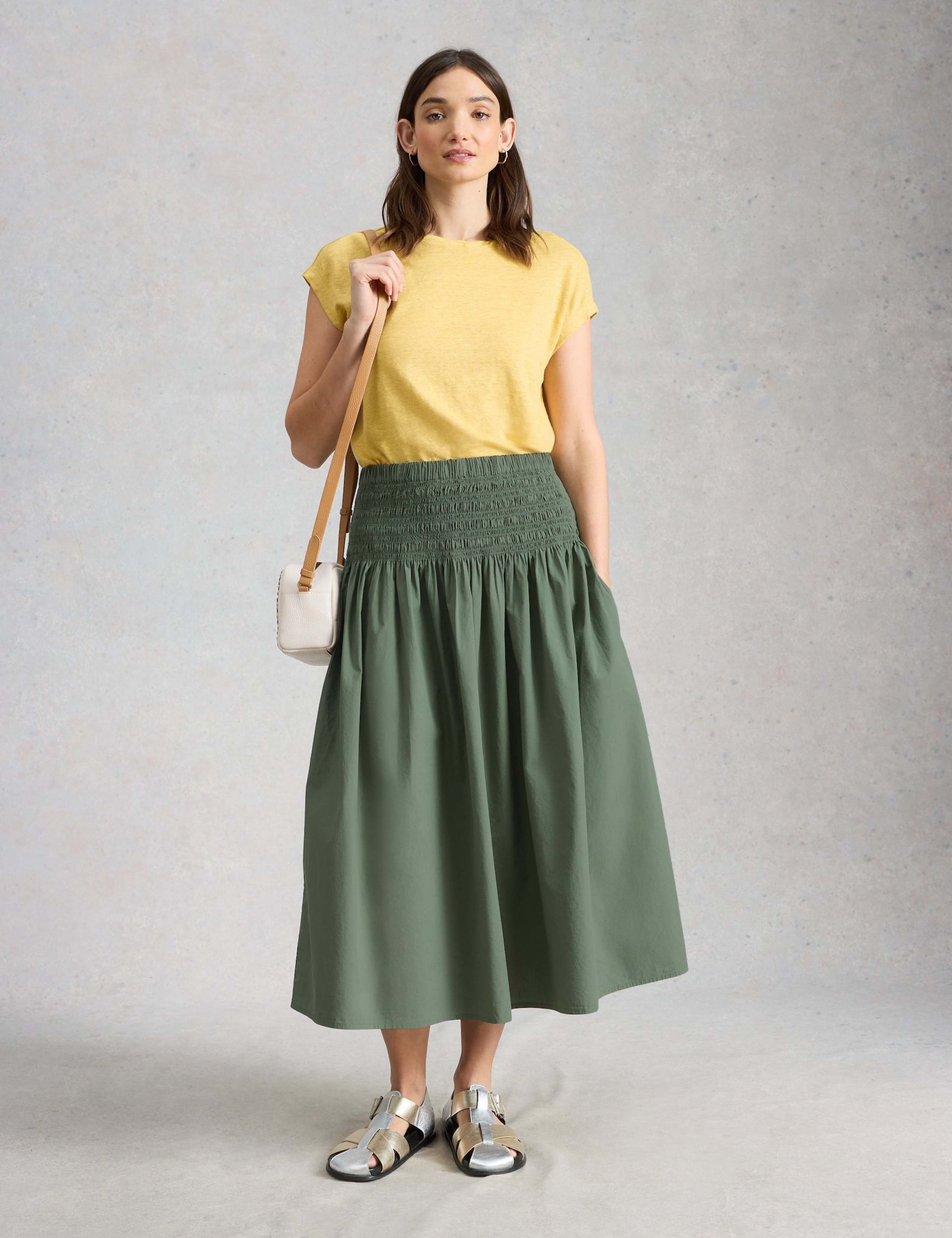 Pure Cotton Shirred Midi A-Line Skirt 3 of 6