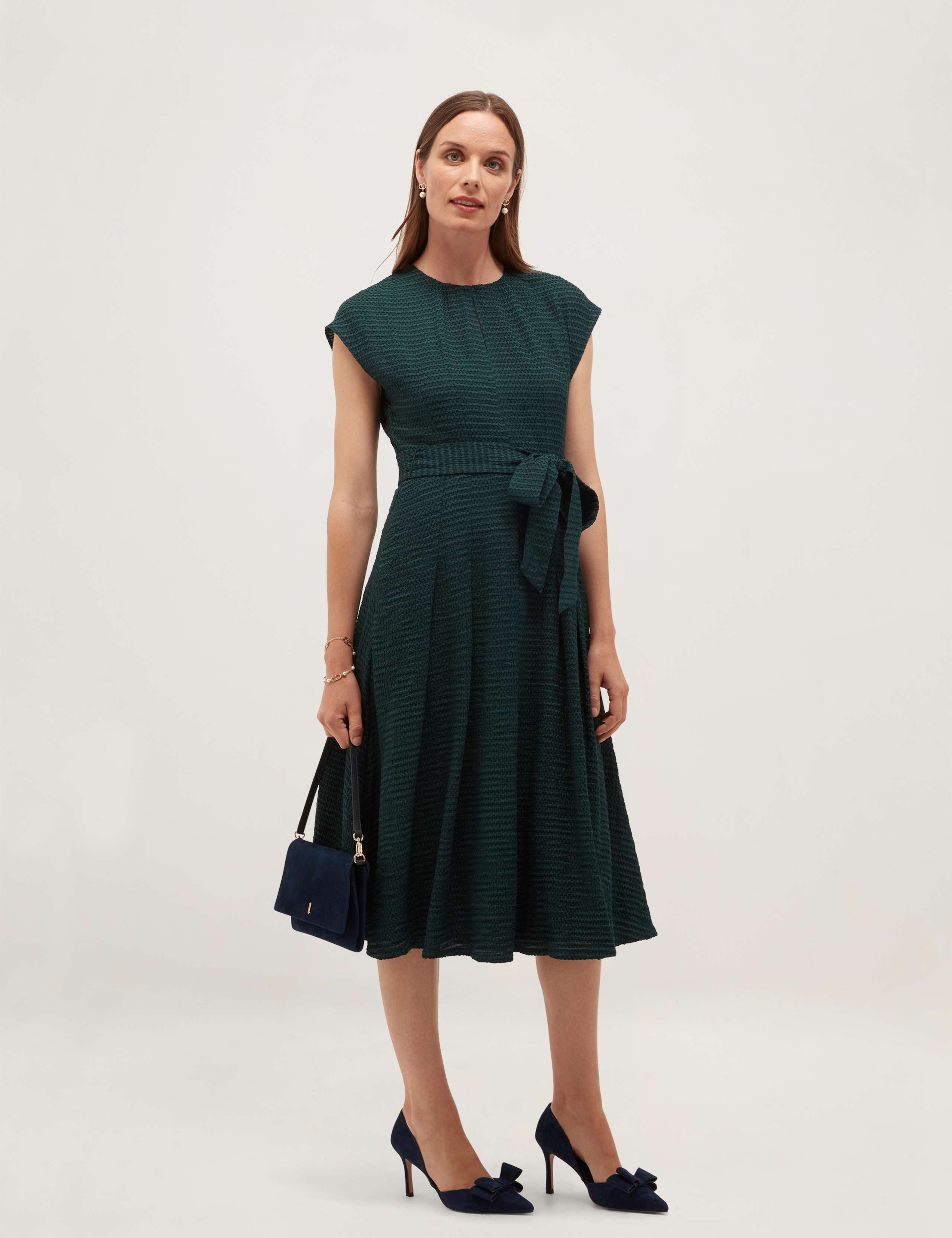 Textured Tie Waist Knee Length Skater Dress 4 of 6