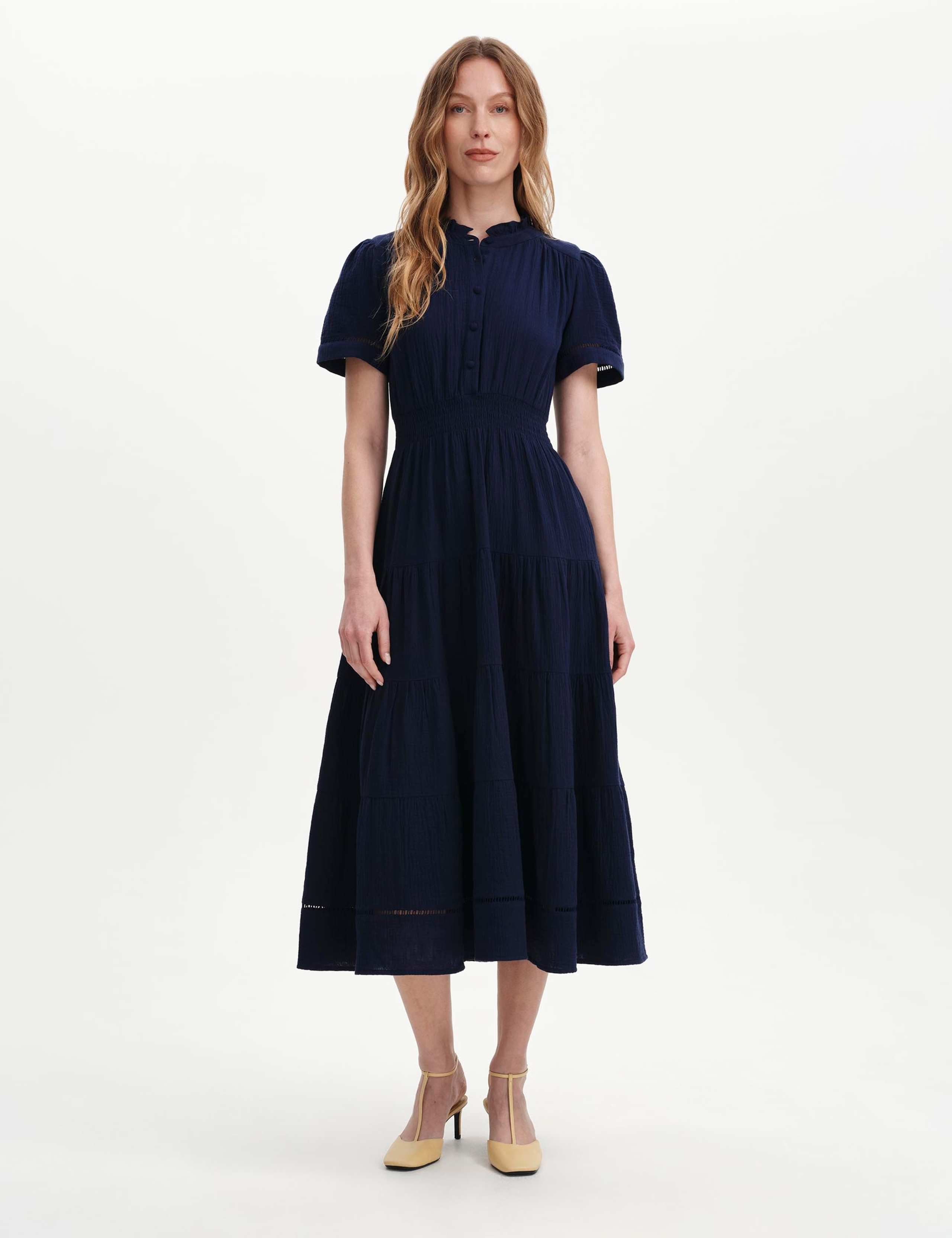 Pure Cotton Textured High Neck Midi Dress 1 of 6