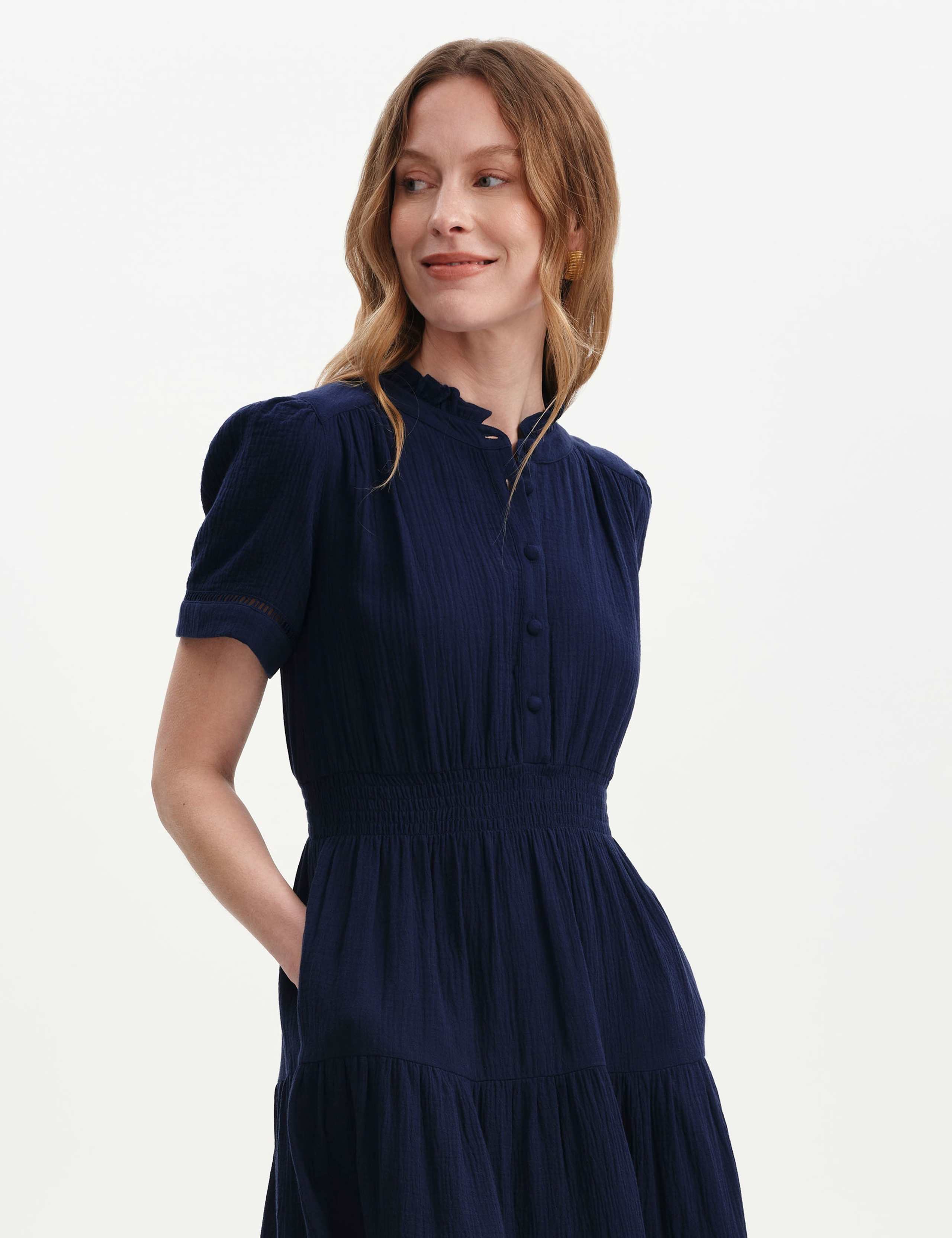Pure Cotton Textured High Neck Midi Dress 3 of 6