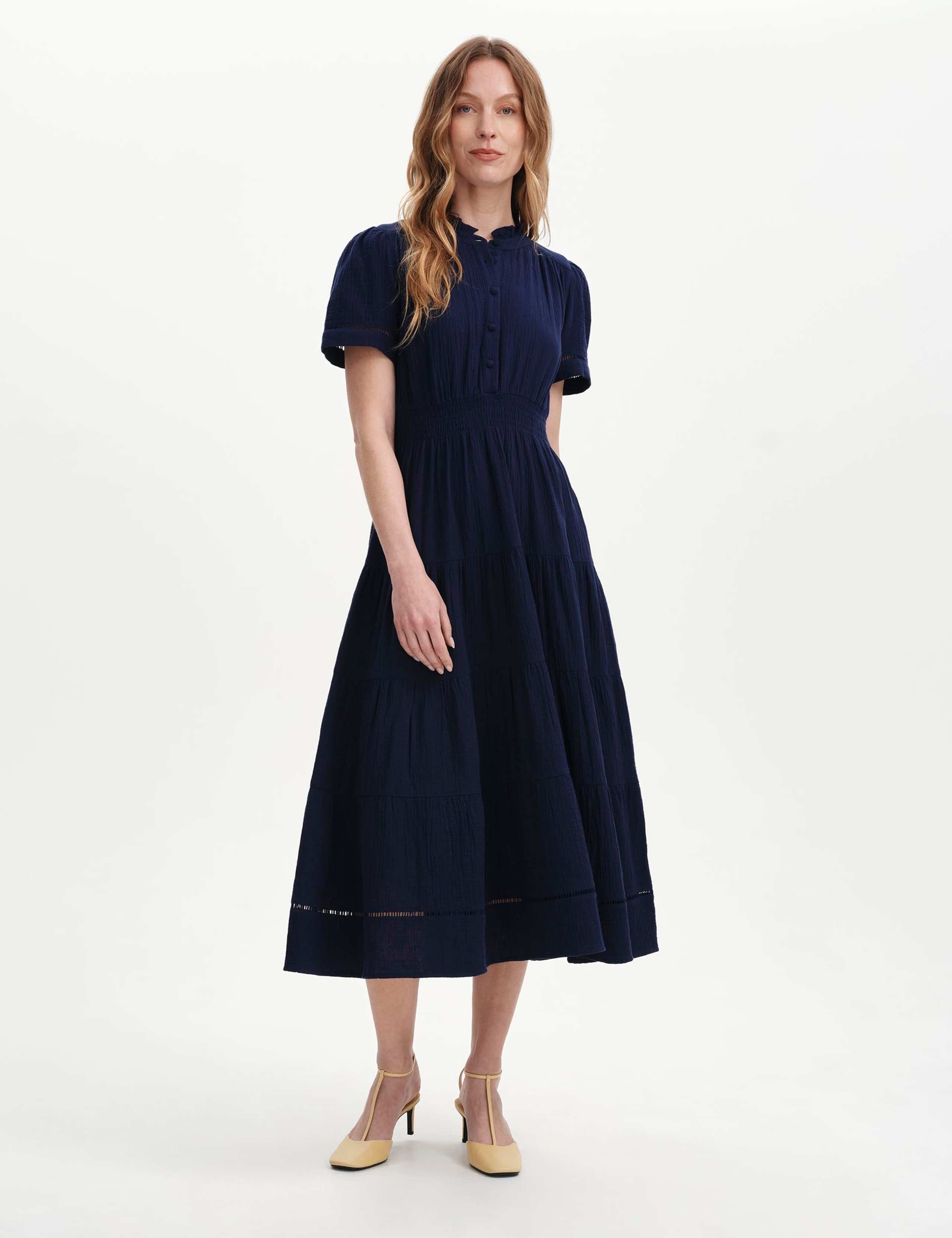 Pure Cotton Textured High Neck Midi Dress 4 of 6