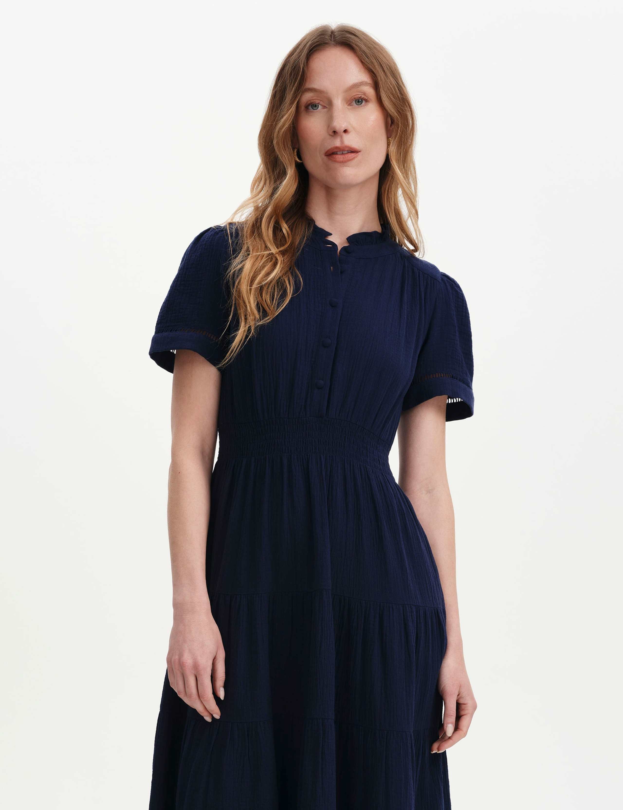 Pure Cotton Textured High Neck Midi Dress 5 of 6