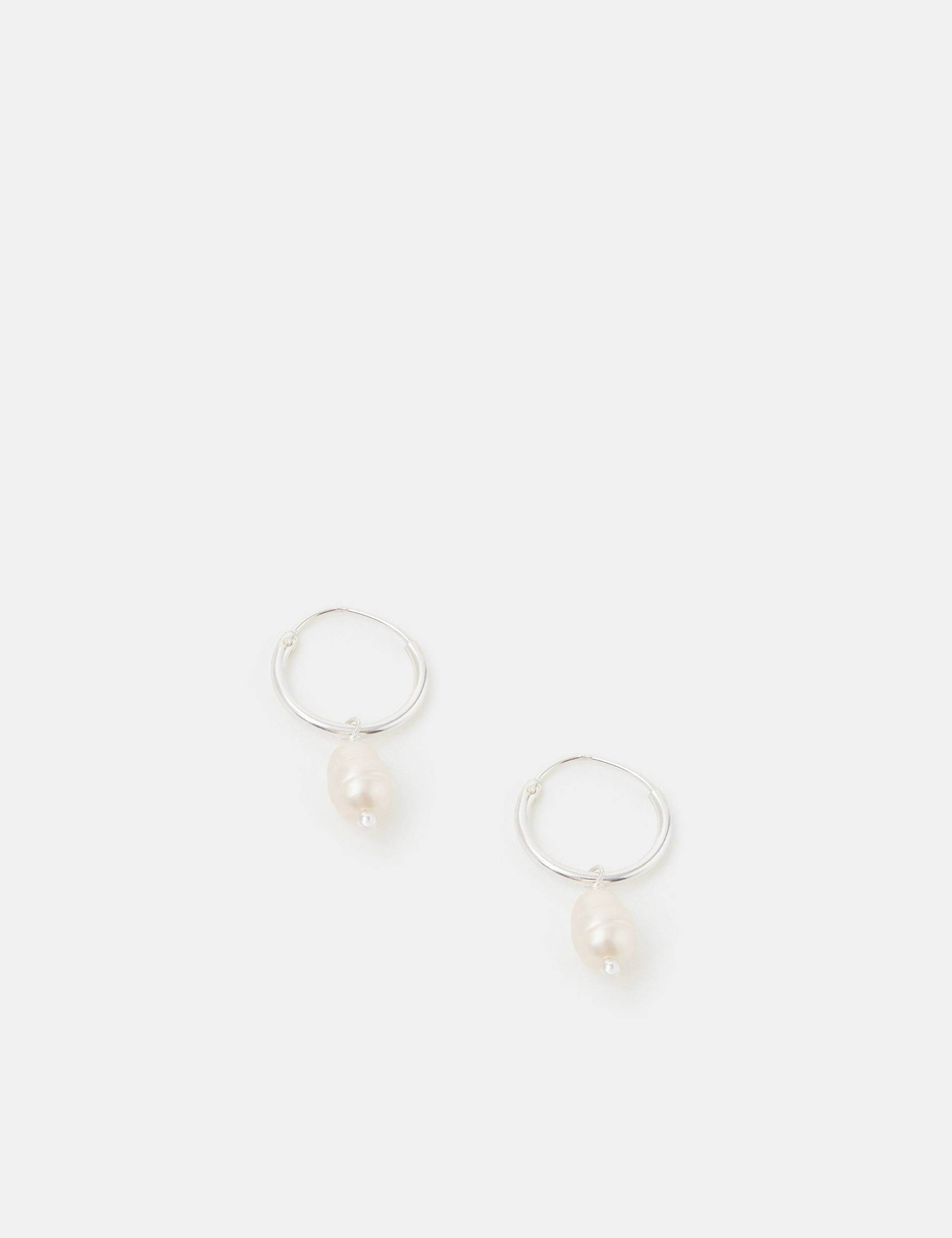 Sterling Silver Pearl Drop Hoop Earrings 1 of 2