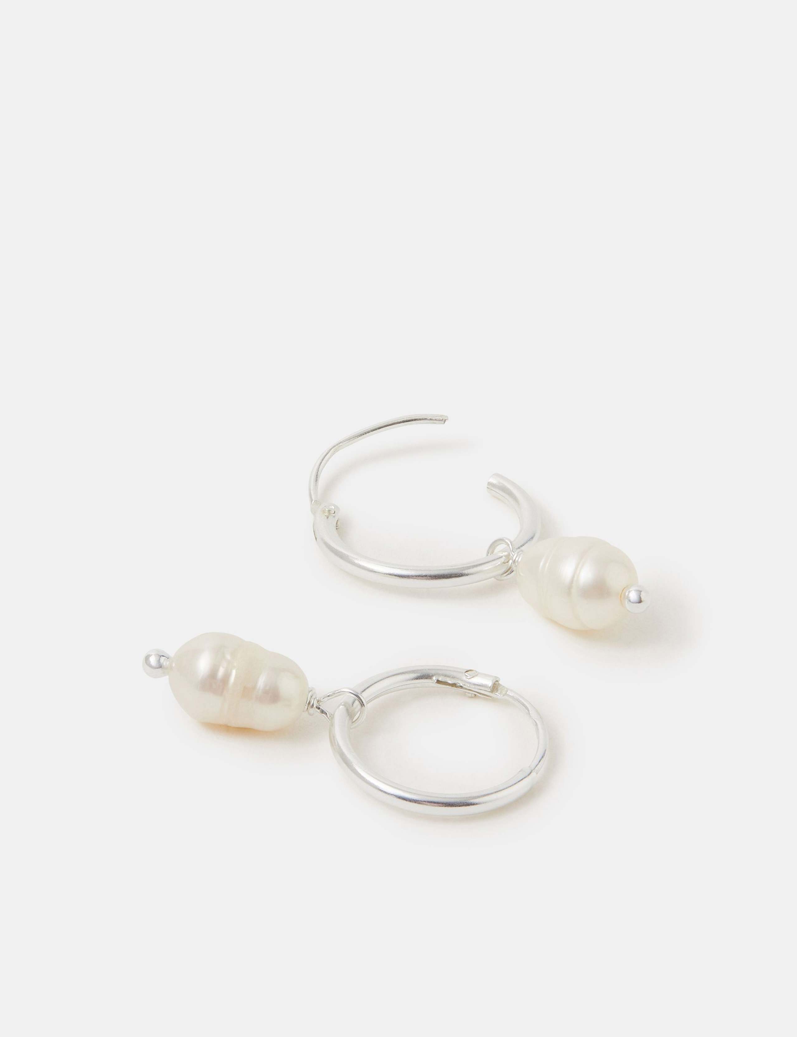 Sterling Silver Pearl Drop Hoop Earrings 2 of 2