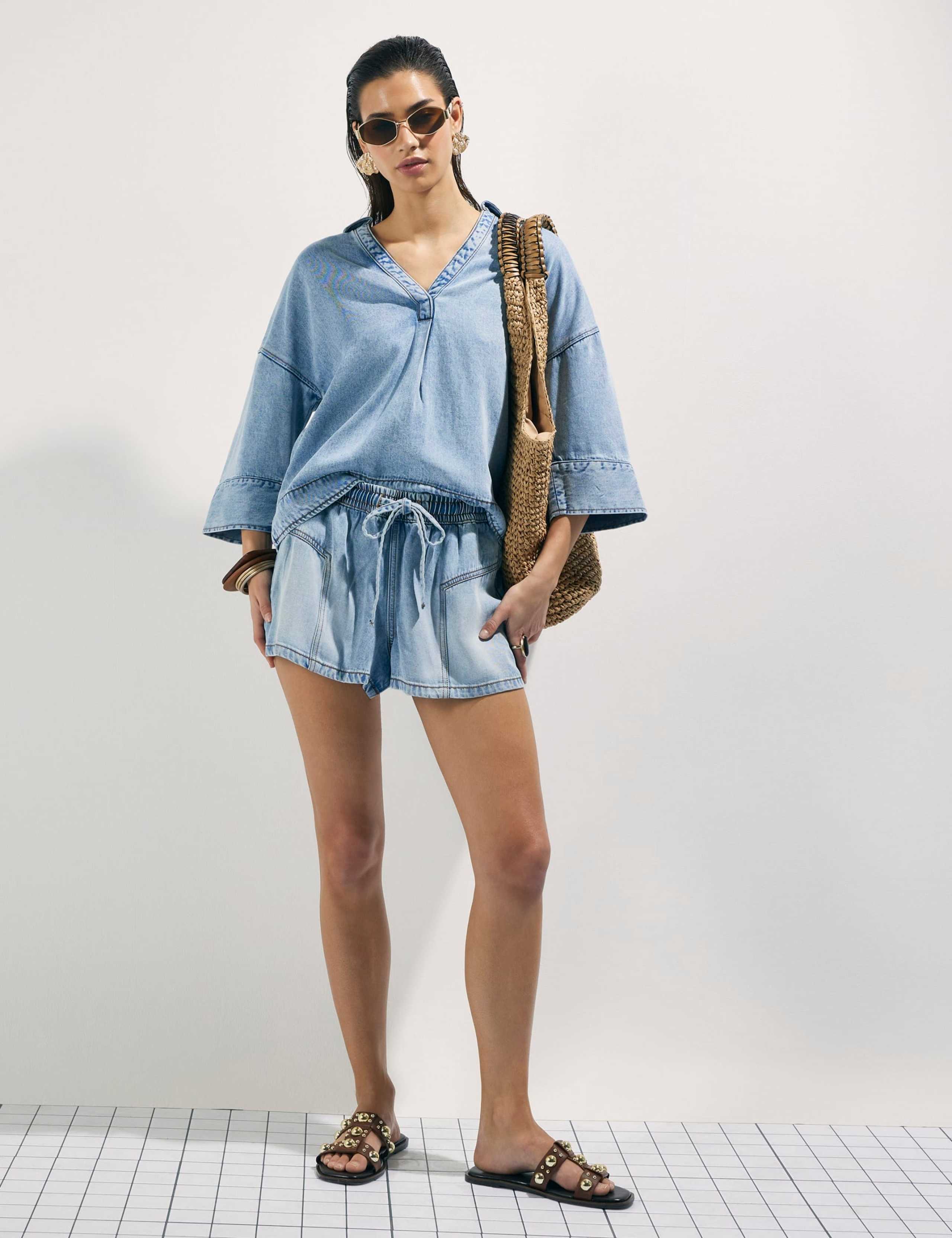 Denim High Waisted Drawstring Shorts 2 of 4