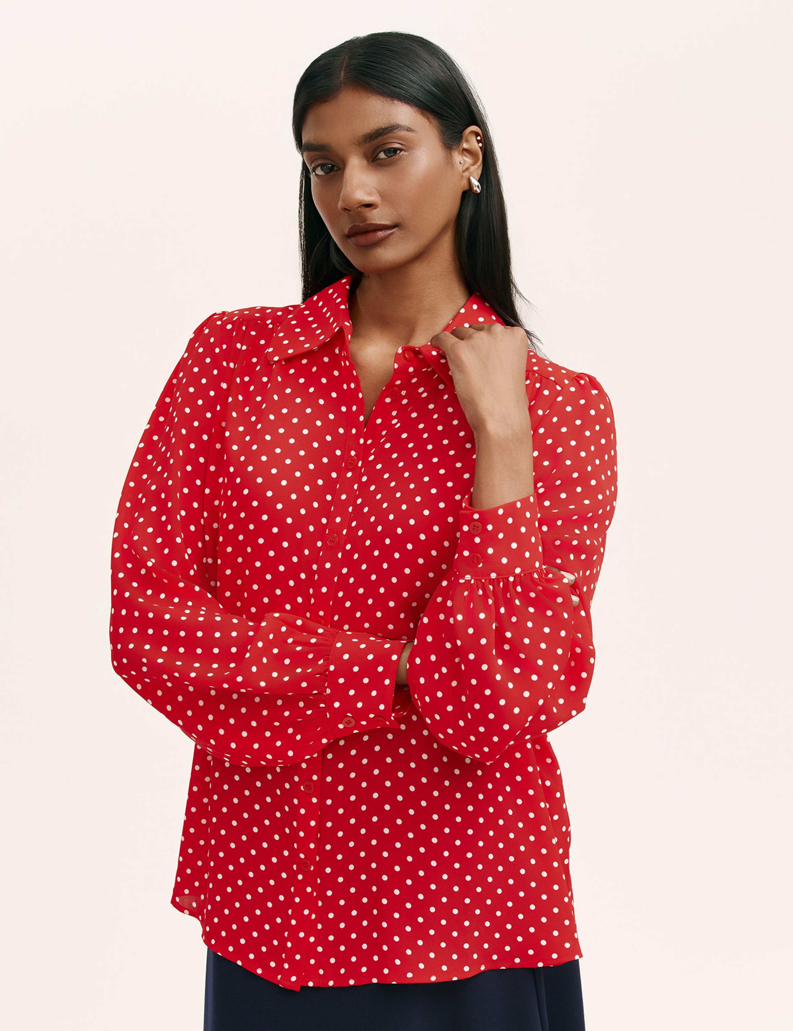Polka Dot Collared Blouson Sleeve Blouse 1 of 4
