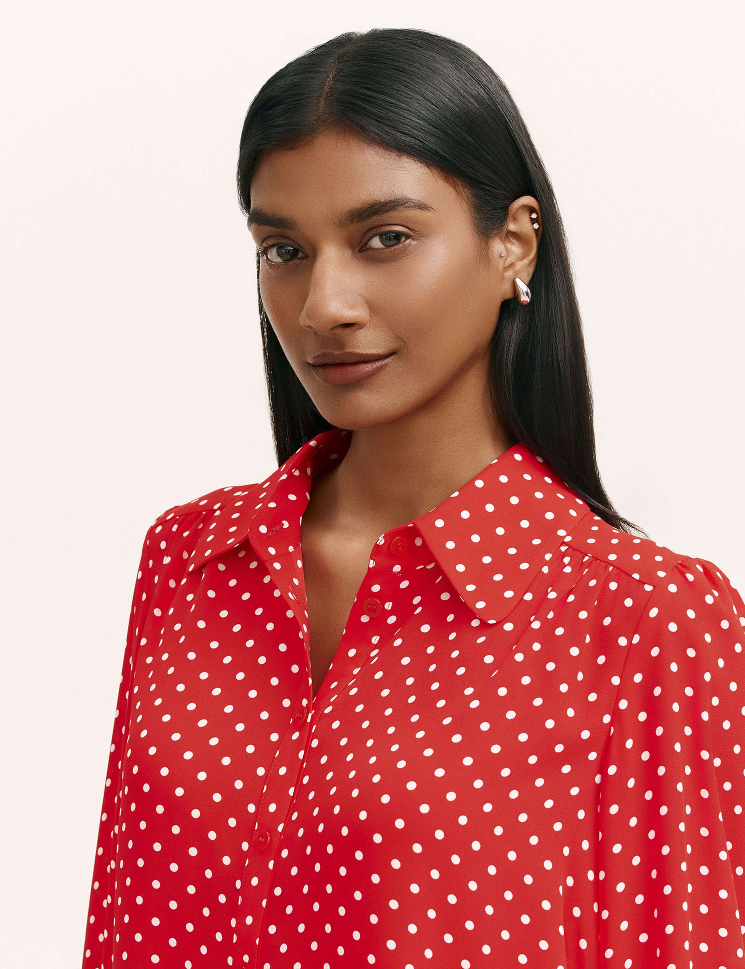 Polka Dot Collared Blouson Sleeve Blouse 4 of 4