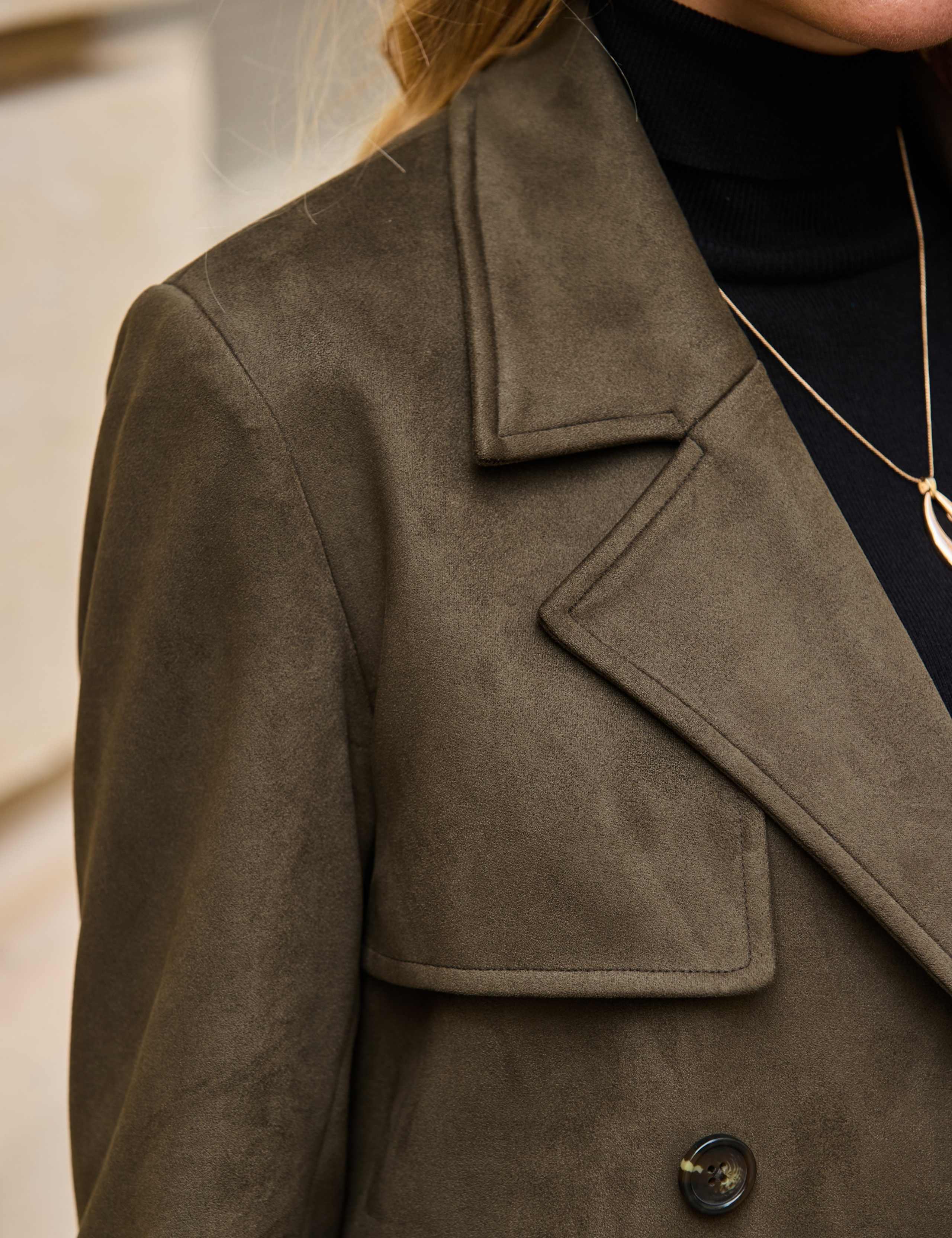 Faux Suede Double Breasted Long Trench Coat 2 of 8
