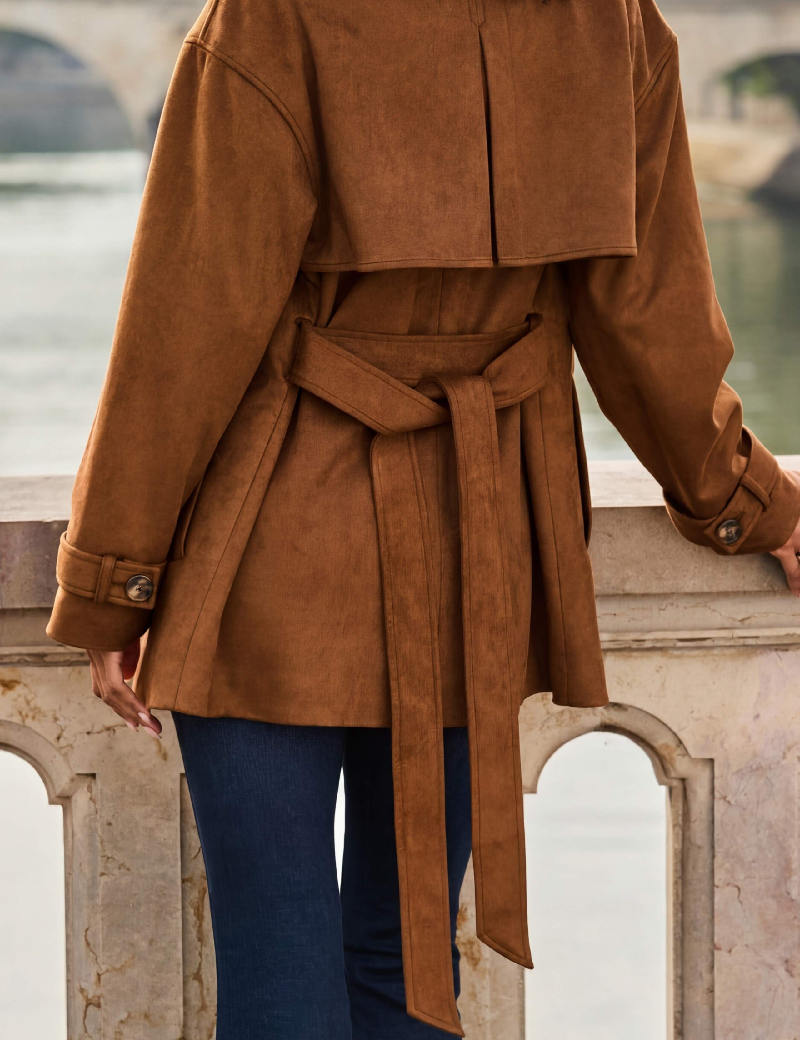 Faux Suede Belted Short Trench Coat 2 of 8