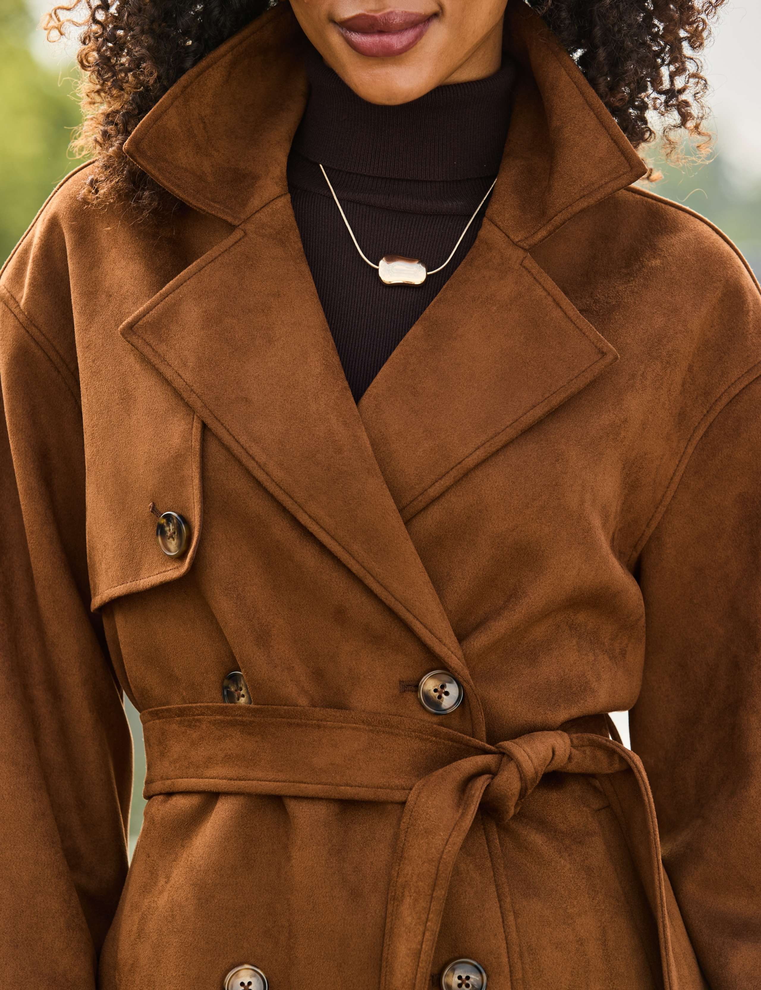 Faux Suede Belted Short Trench Coat 3 of 8