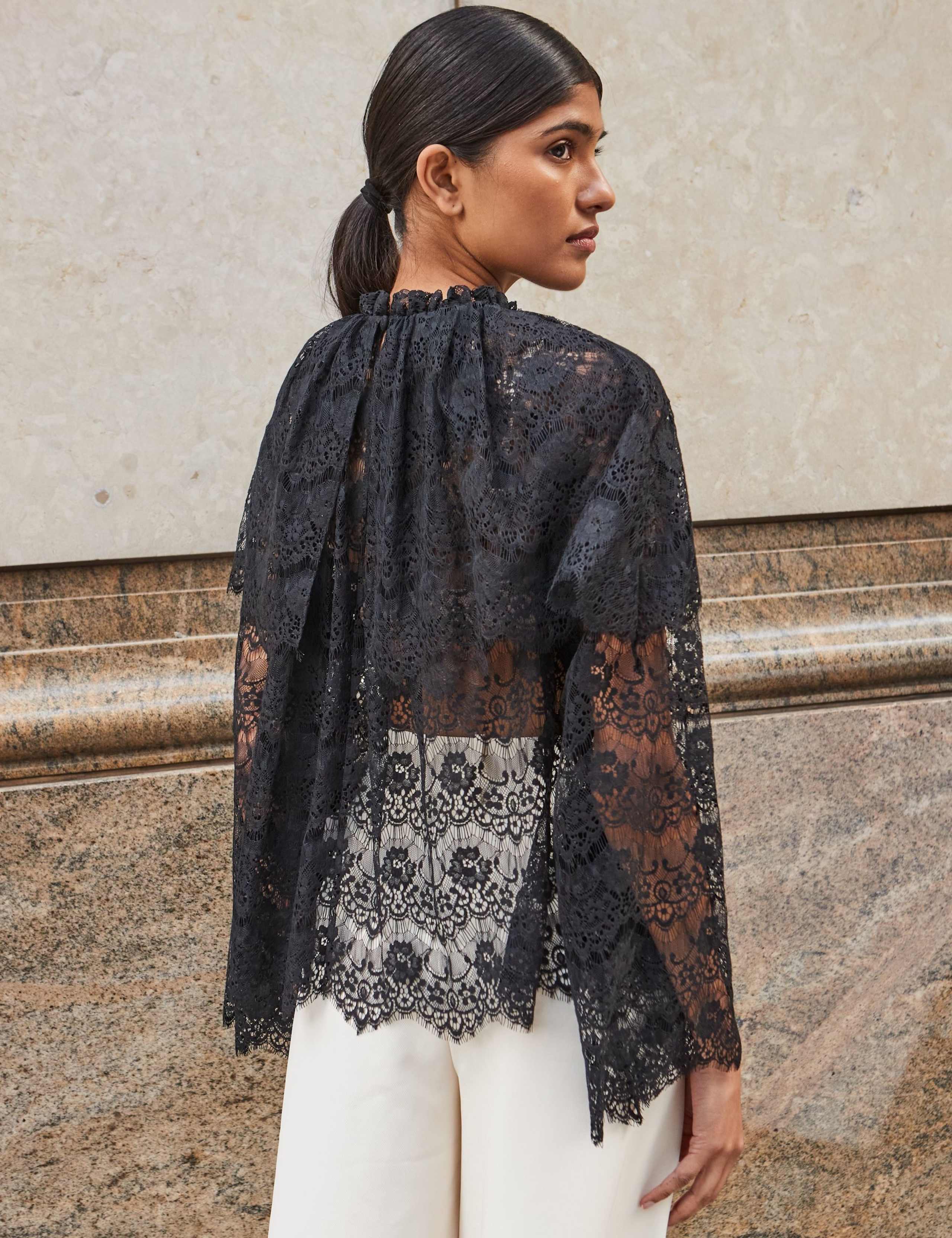 Cotton Blend Lace Overlay High Neck Blouse 2 of 3